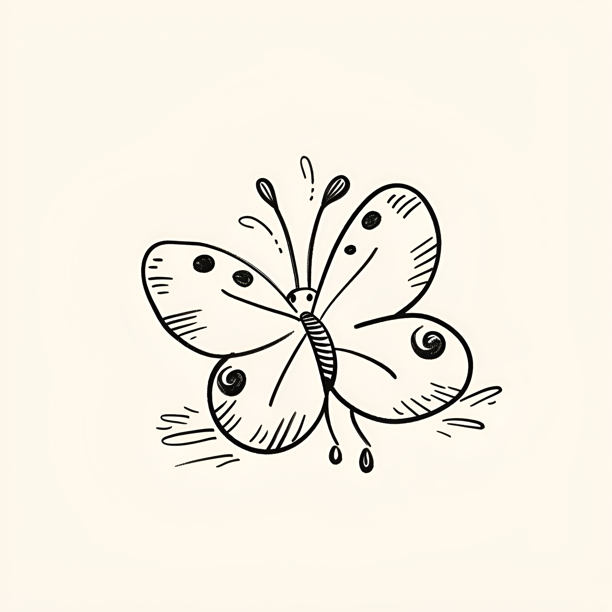 Butterfly in whimsical sketch Drawing Idea (free black-and-white line drawing printable PDF for all, from beginners to advanced learners, including children, teens, adults, and seniors)