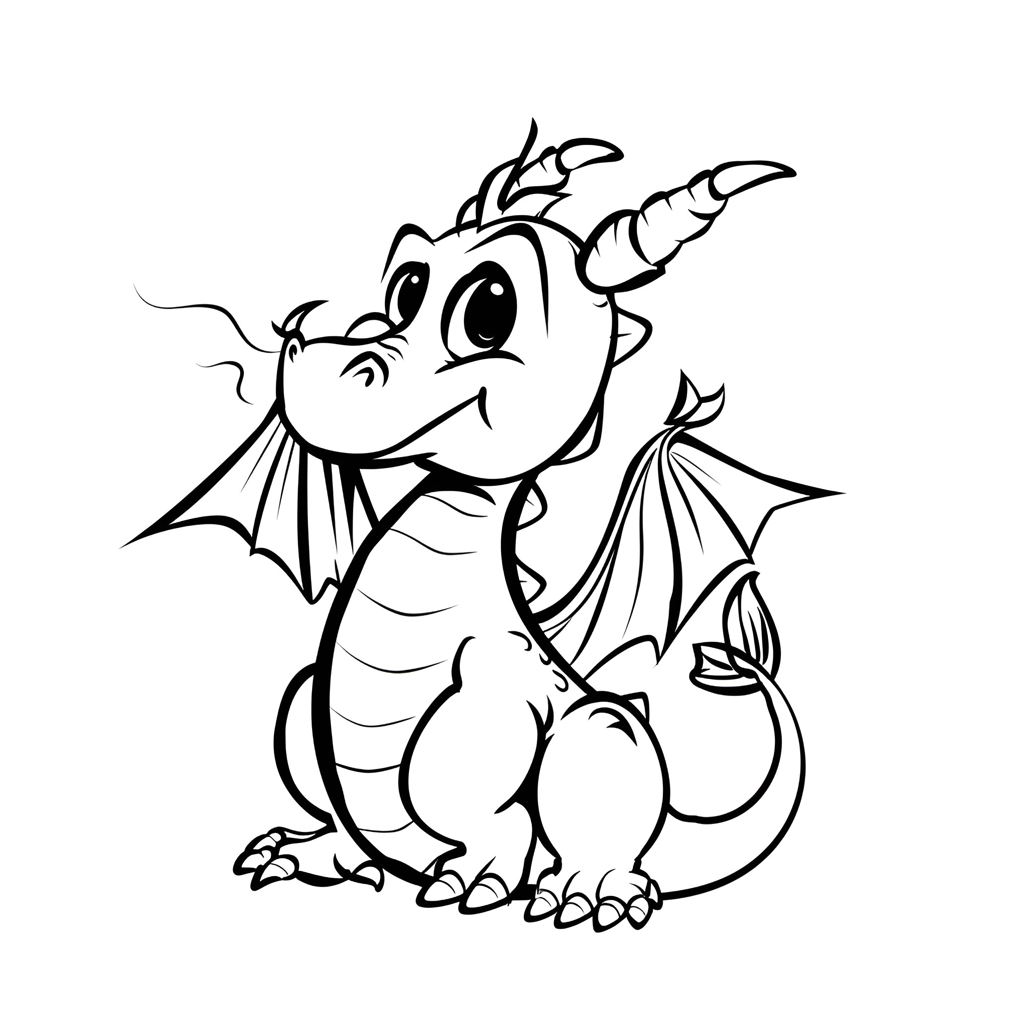 Dragon Smiling Playfully Drawing Idea (free black-and-white line drawing printable PDF for all, from beginners to advanced learners, including children, teens, adults, and seniors)