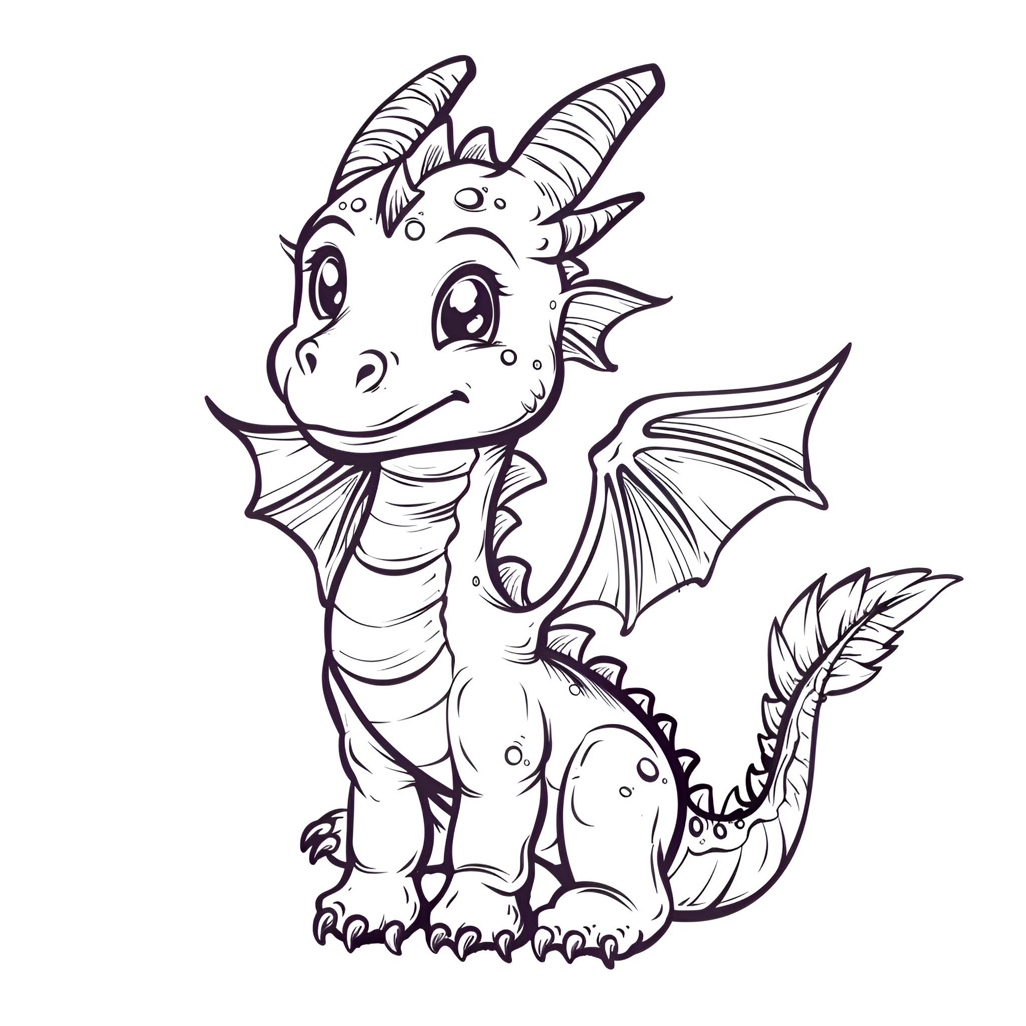 Dragon hatchling with playful expression Drawing Idea (free black-and-white line drawing printable PDF for all, from beginners to advanced learners, including children, teens, adults, and seniors)