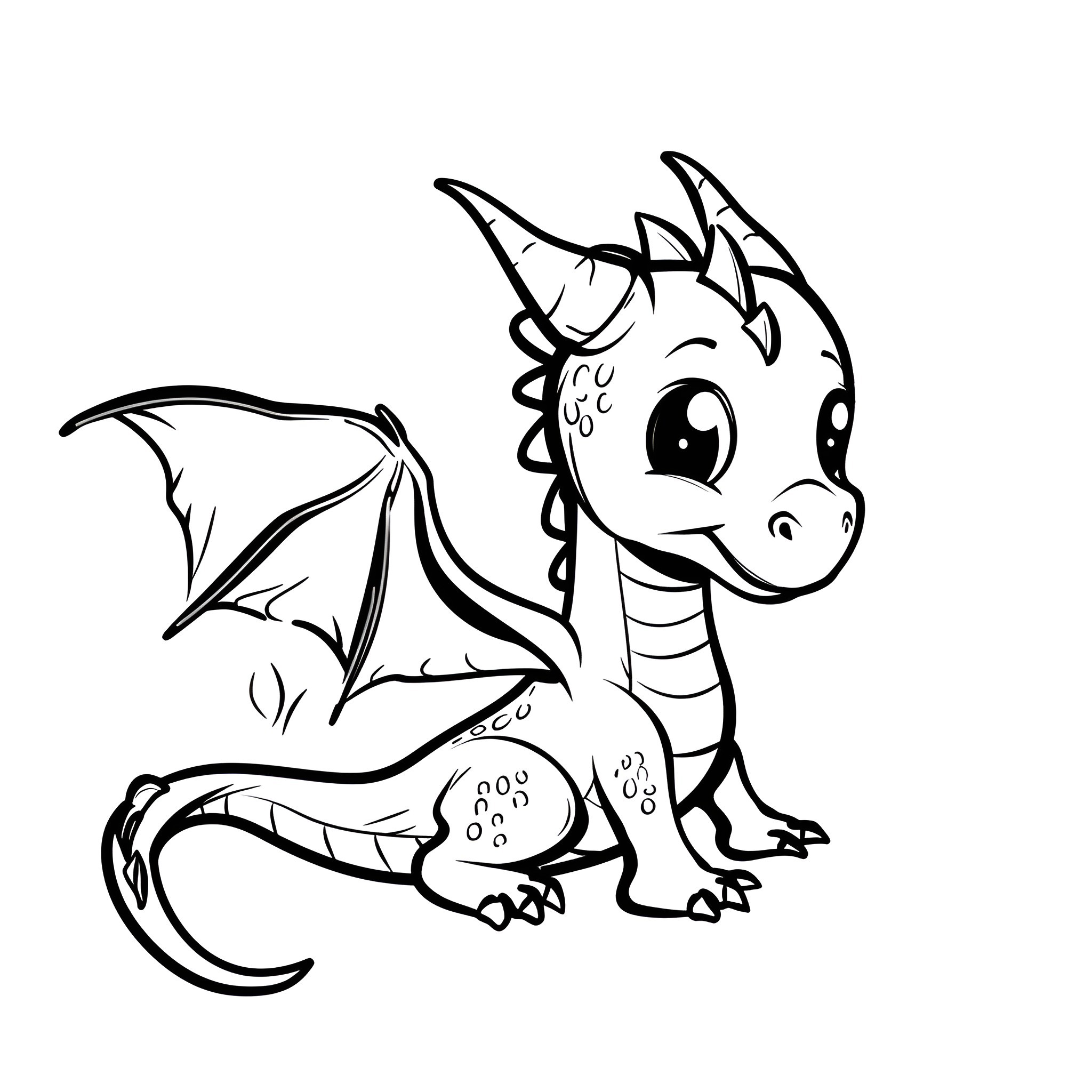 Dragon hatchling with friendly expression Drawing Idea (free black-and-white line drawing printable PDF for all, from beginners to advanced learners, including children, teens, adults, and seniors)