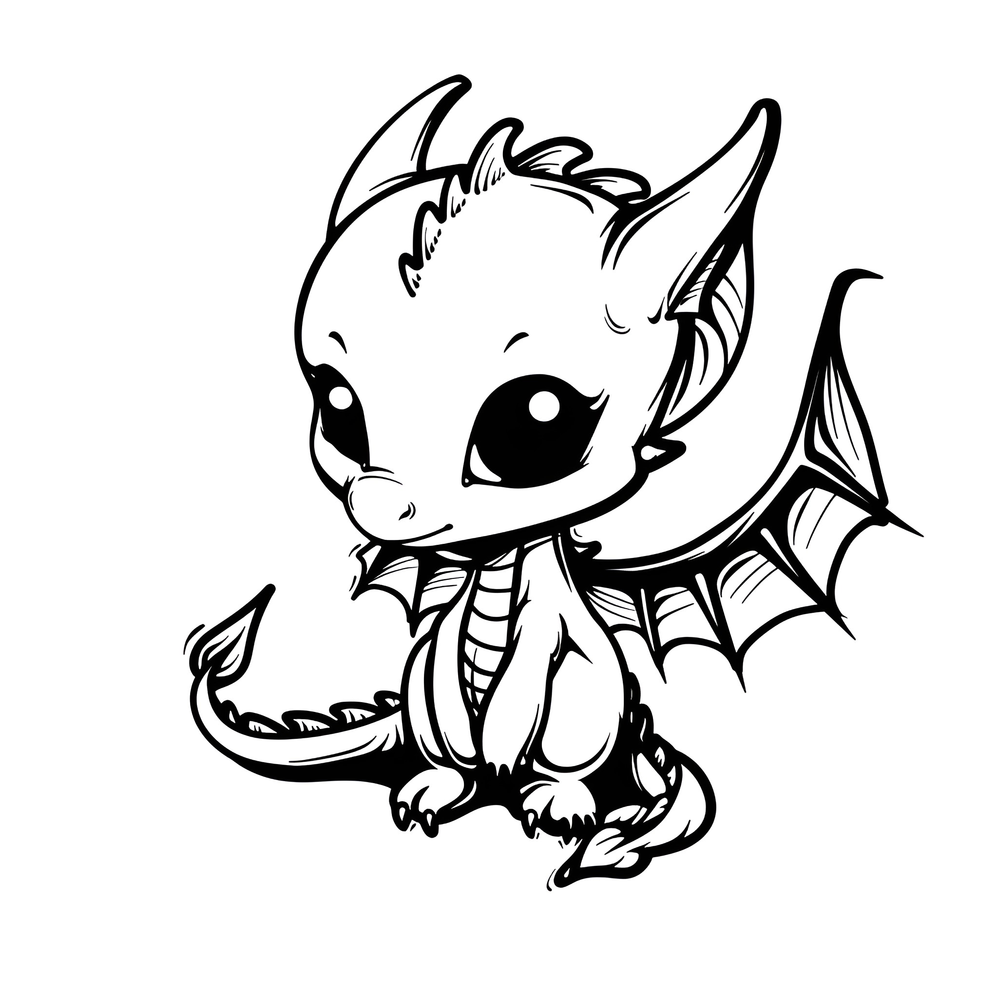 Dragon smiling playfully with large eyes Drawing Idea (free black-and-white line drawing printable PDF for all, from beginners to advanced learners, including children, teens, adults, and seniors)