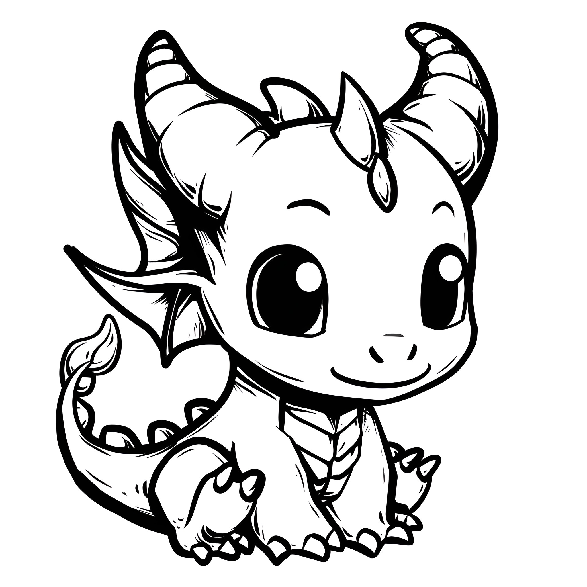 Dragon Smiling Adorably Drawing Idea (free black-and-white line drawing printable PDF for all, from beginners to advanced learners, including children, teens, adults, and seniors)