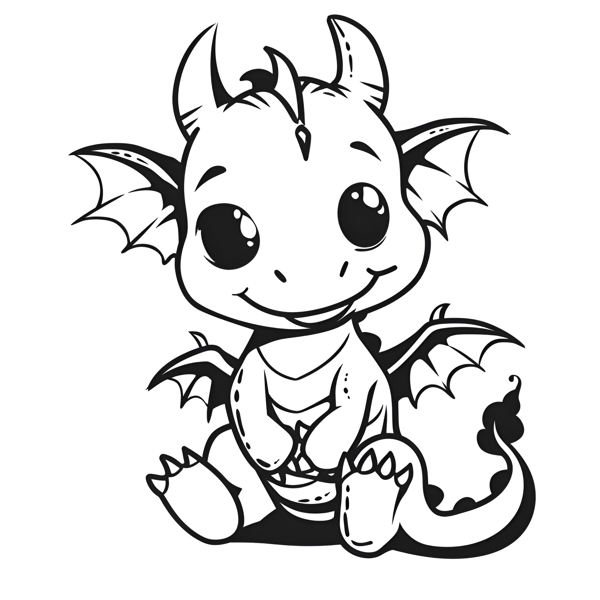 Dragon sitting happily with wings Drawing Idea (free black-and-white line drawing printable PDF for all, from beginners to advanced learners, including children, teens, adults, and seniors)