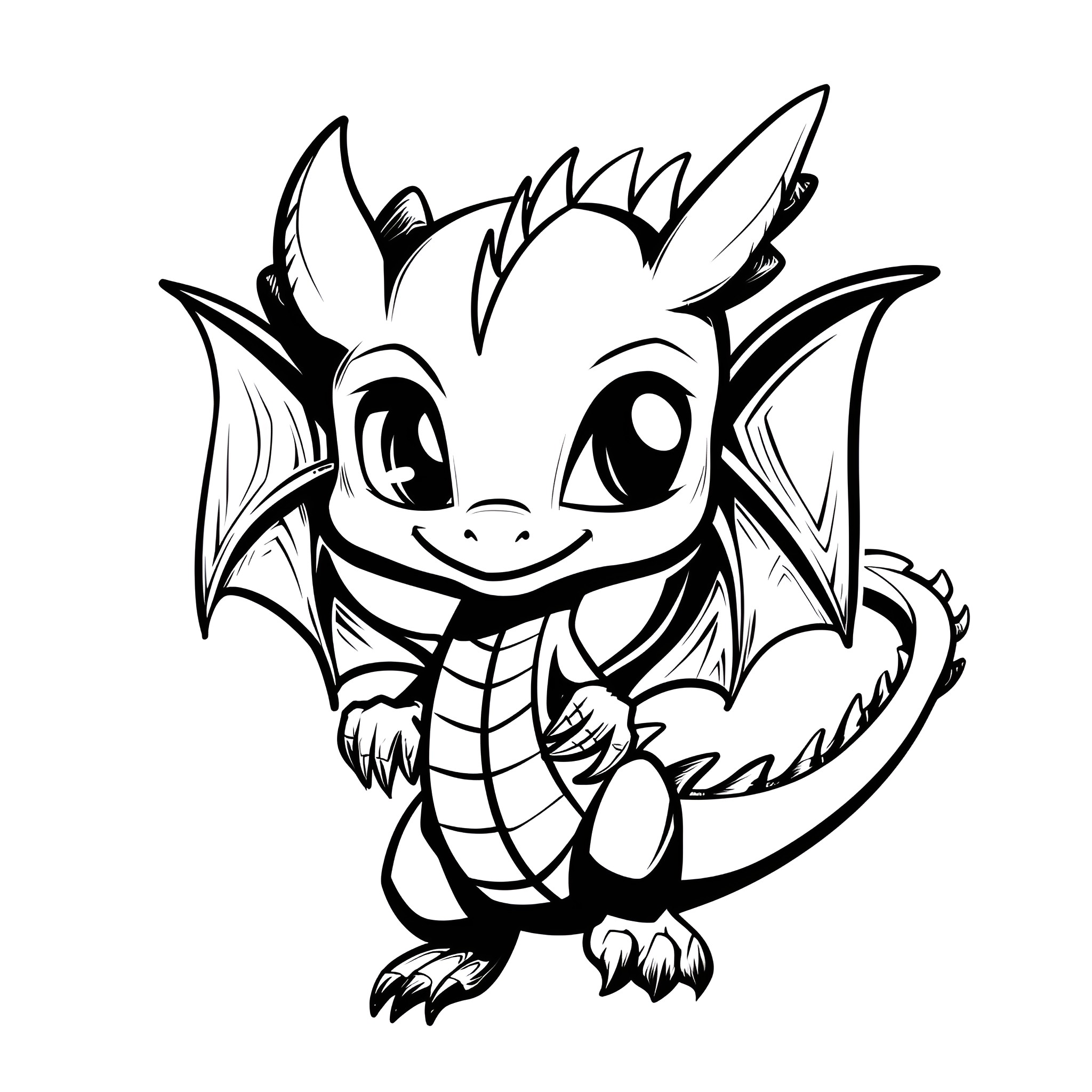 Dragon with joyful expression and playful posture Drawing Idea (free black-and-white line drawing printable PDF for all, from beginners to advanced learners, including children, teens, adults, and seniors)
