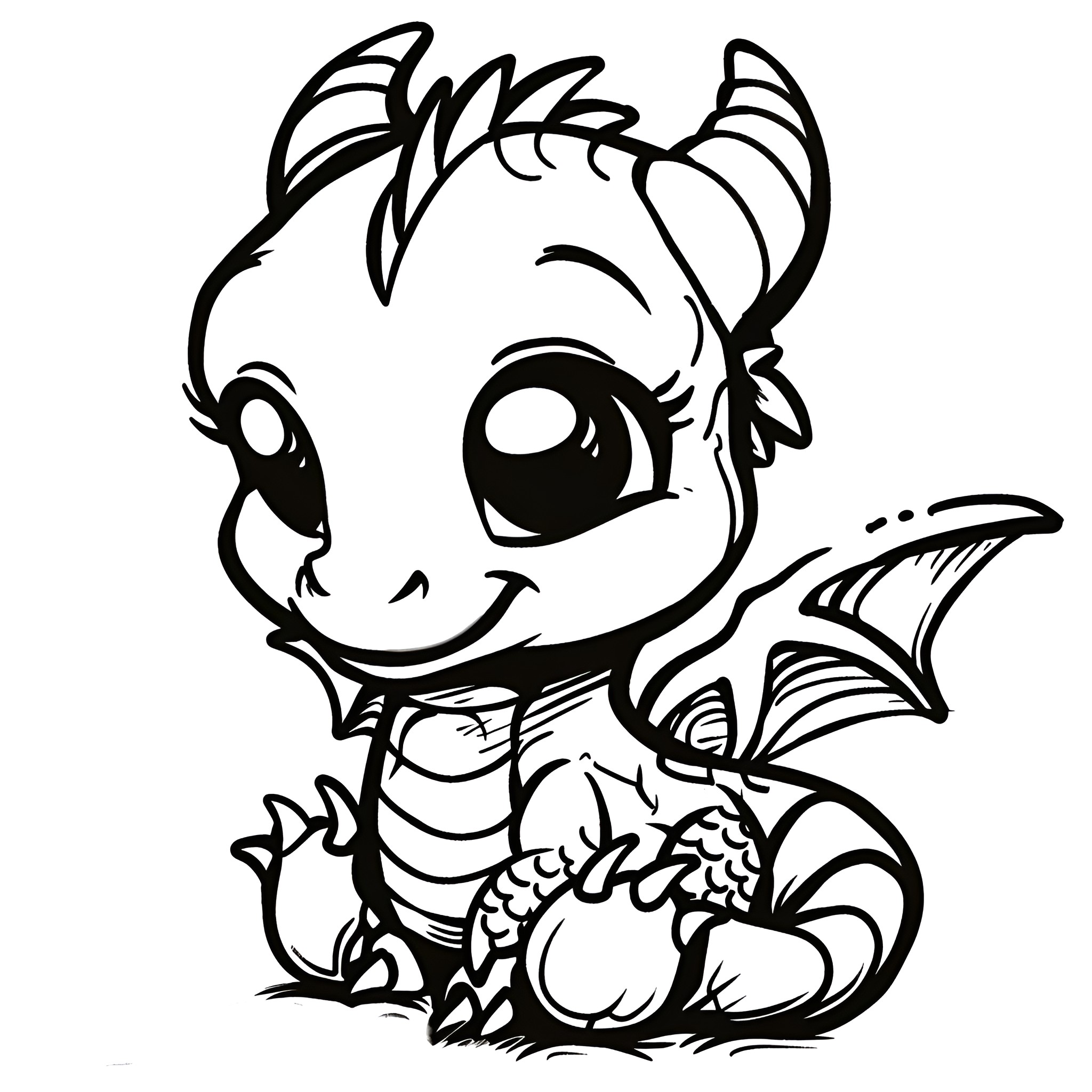 Dragon Hatchling Sitting Adorably Drawing Idea (free black-and-white line drawing printable PDF for all, from beginners to advanced learners, including children, teens, adults, and seniors)