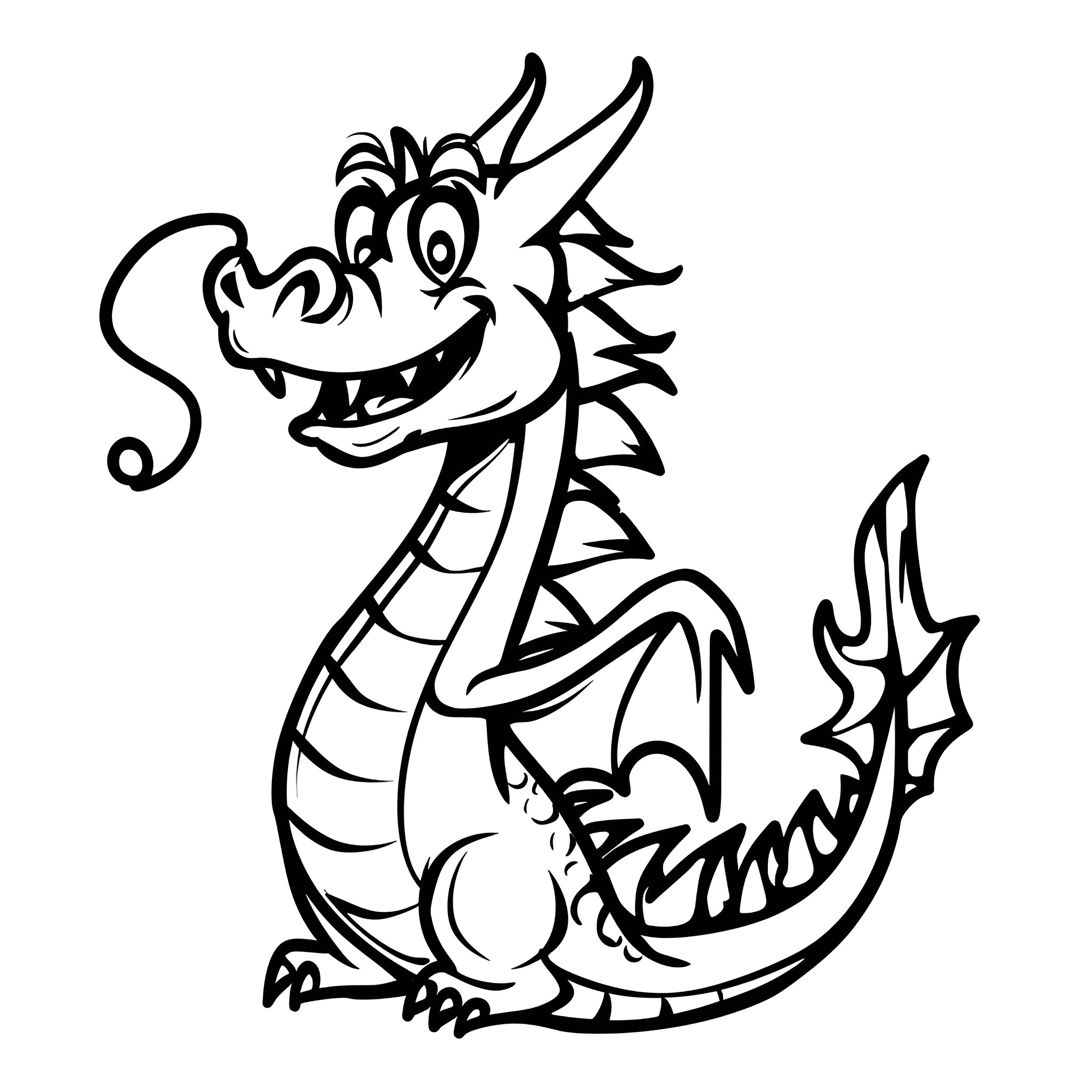 Dragon with a mischievous expression Drawing Idea (free black-and-white line drawing printable PDF for all, from beginners to advanced learners, including children, teens, adults, and seniors)