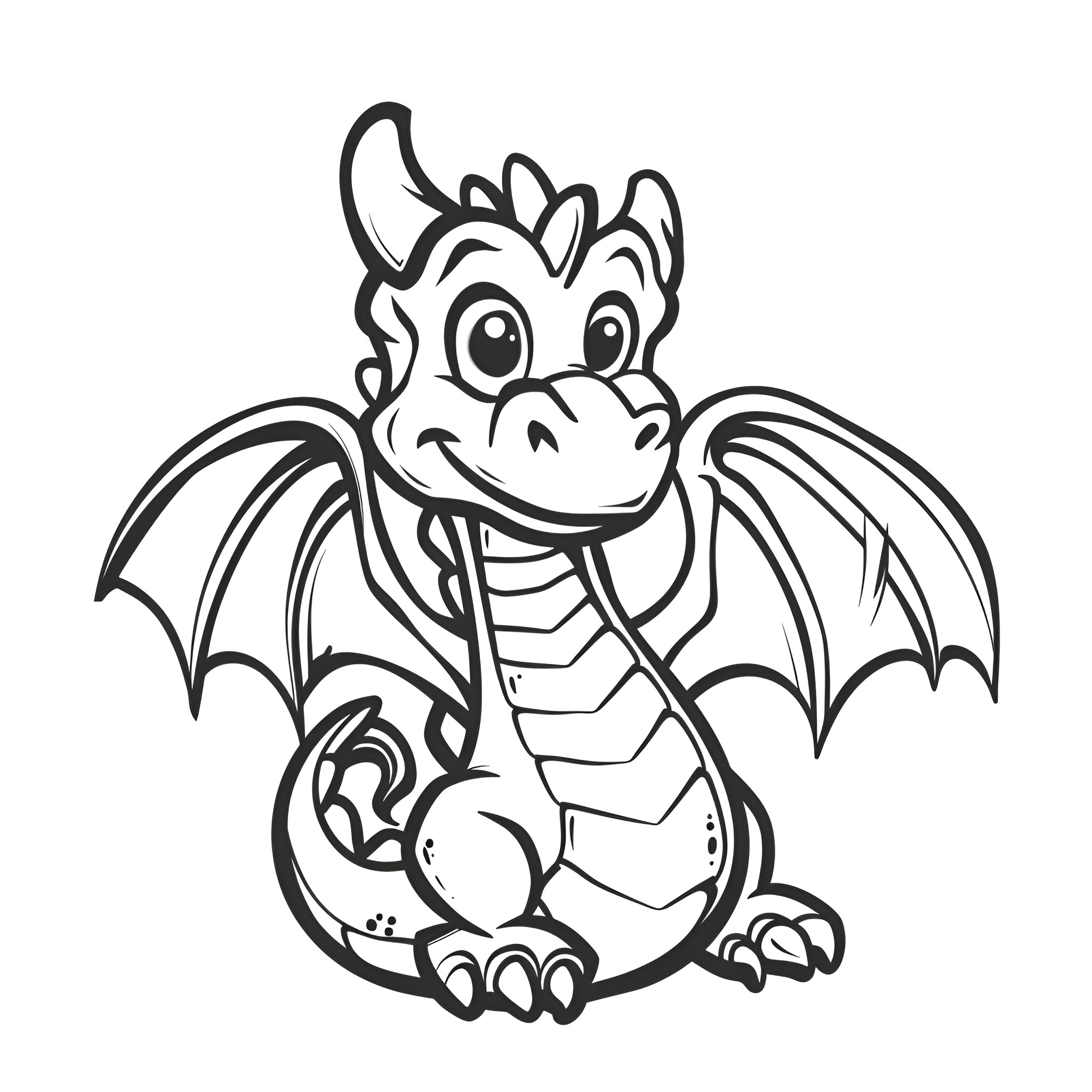 Dragon Hatchling Smiling Playfully Drawing Idea (free black-and-white line drawing printable PDF for all, from beginners to advanced learners, including children, teens, adults, and seniors)