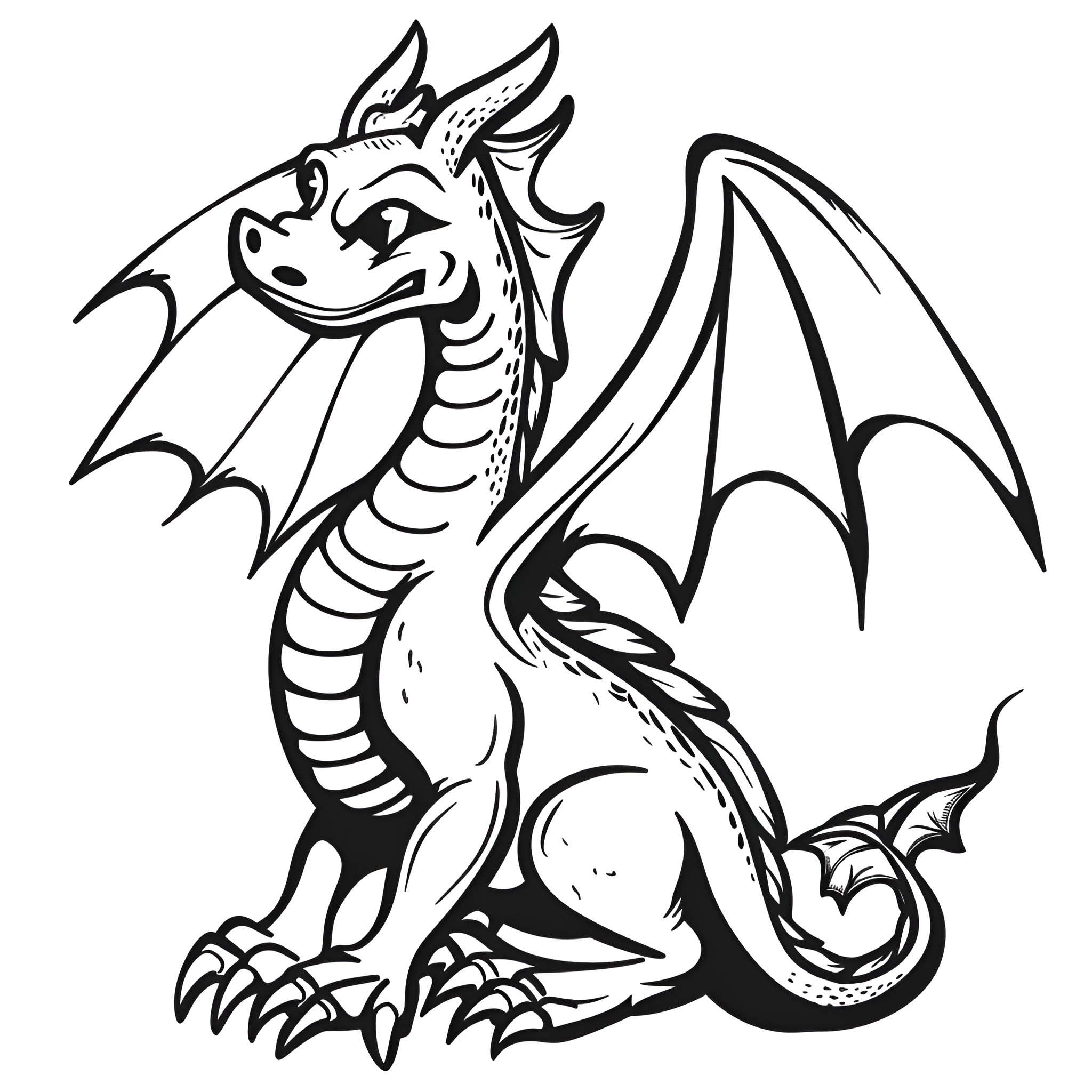 Dragon with fierce expression and spread wings Drawing Idea (free black-and-white line drawing printable PDF for all, from beginners to advanced learners, including children, teens, adults, and seniors)