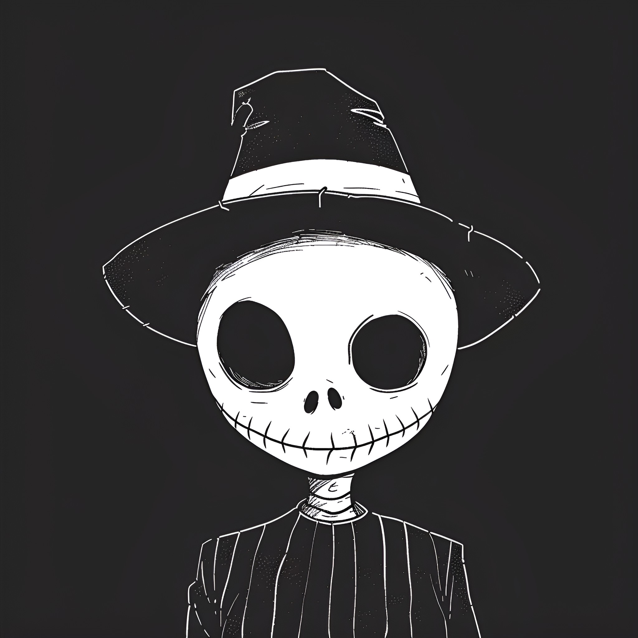 Creepy Skeleton Figure in Haunting Attire Drawing Idea (free black-and-white line drawing printable PDF for all, from beginners to advanced learners, including children, teens, adults, and seniors)