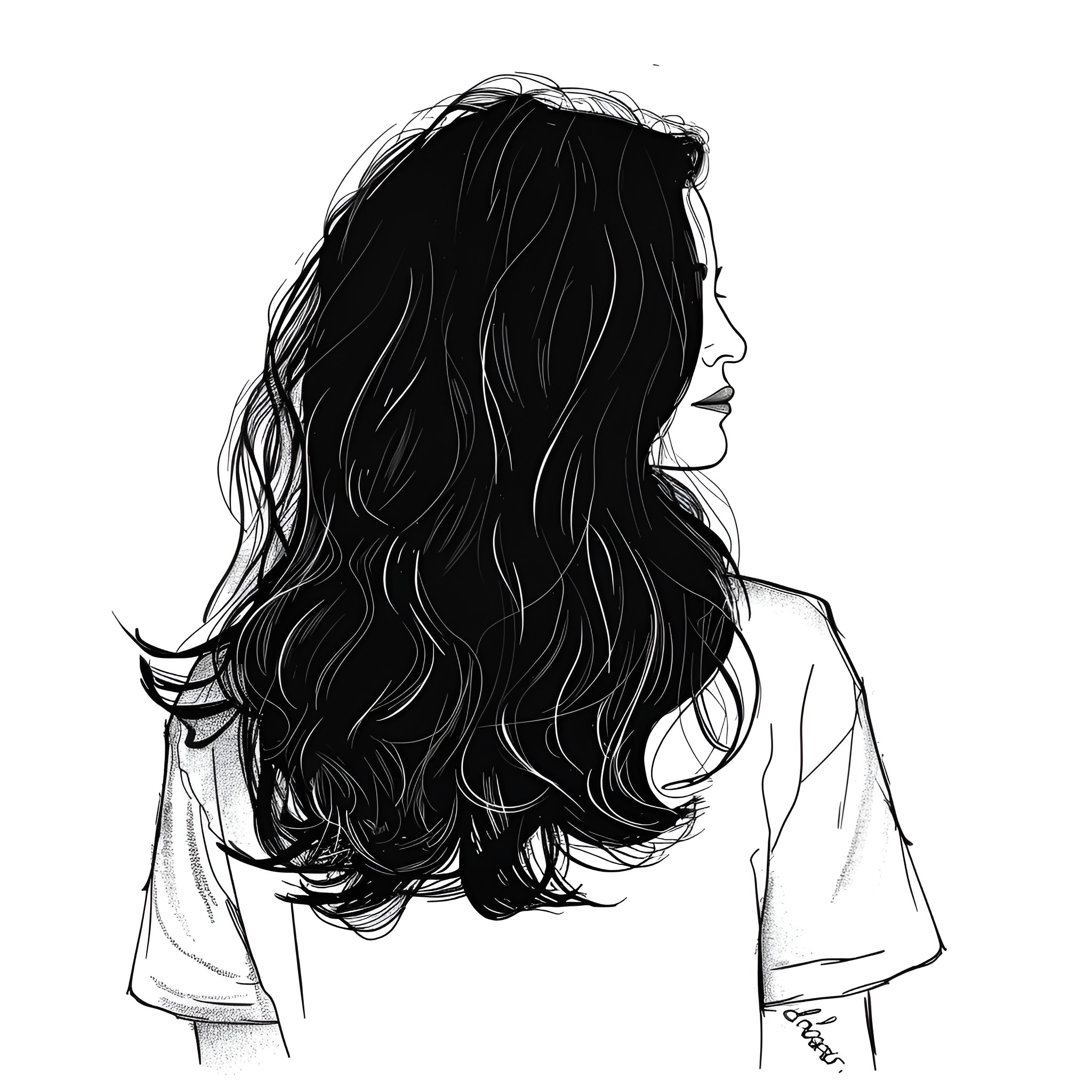Hair flowing and cascading in profile Drawing Idea (free black-and-white line drawing printable PDF for all, from beginners to advanced learners, including children, teens, adults, and seniors)