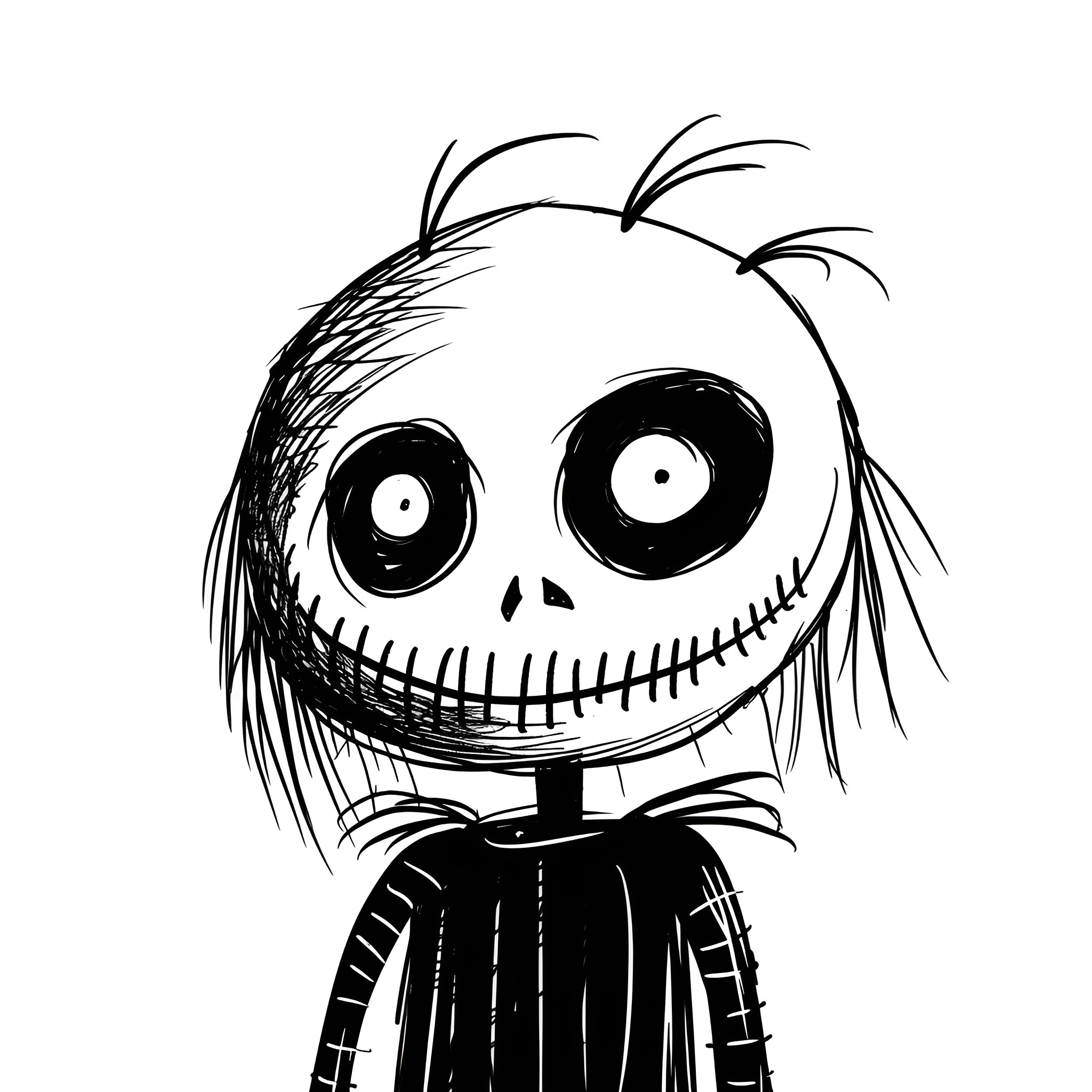 Creepy smiling character with unsettling features Drawing Idea (free black-and-white line drawing printable PDF for all, from beginners to advanced learners, including children, teens, adults, and seniors)