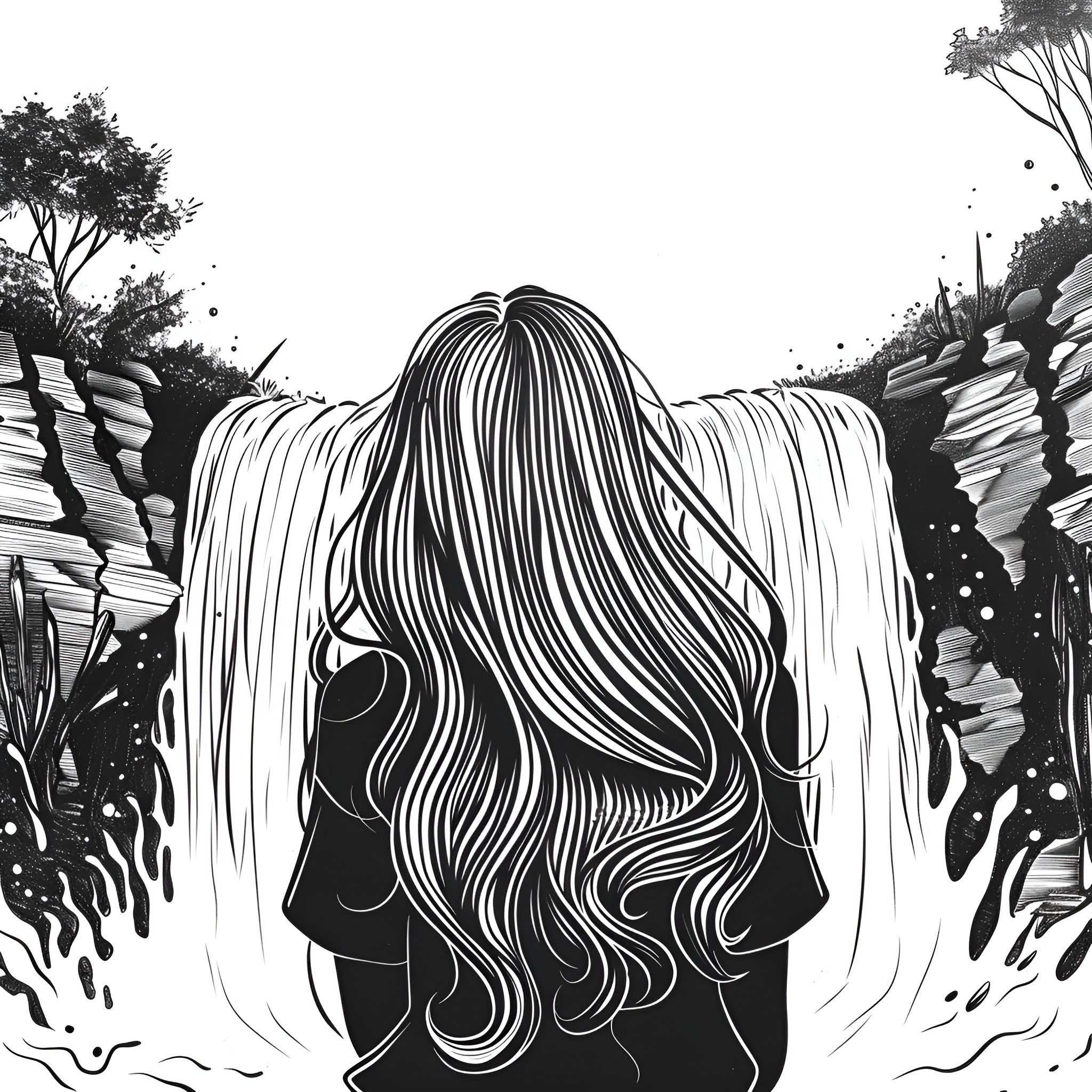 Hair flowing through magical forest Drawing Idea (free black-and-white line drawing printable PDF for all, from beginners to advanced learners, including children, teens, adults, and seniors)