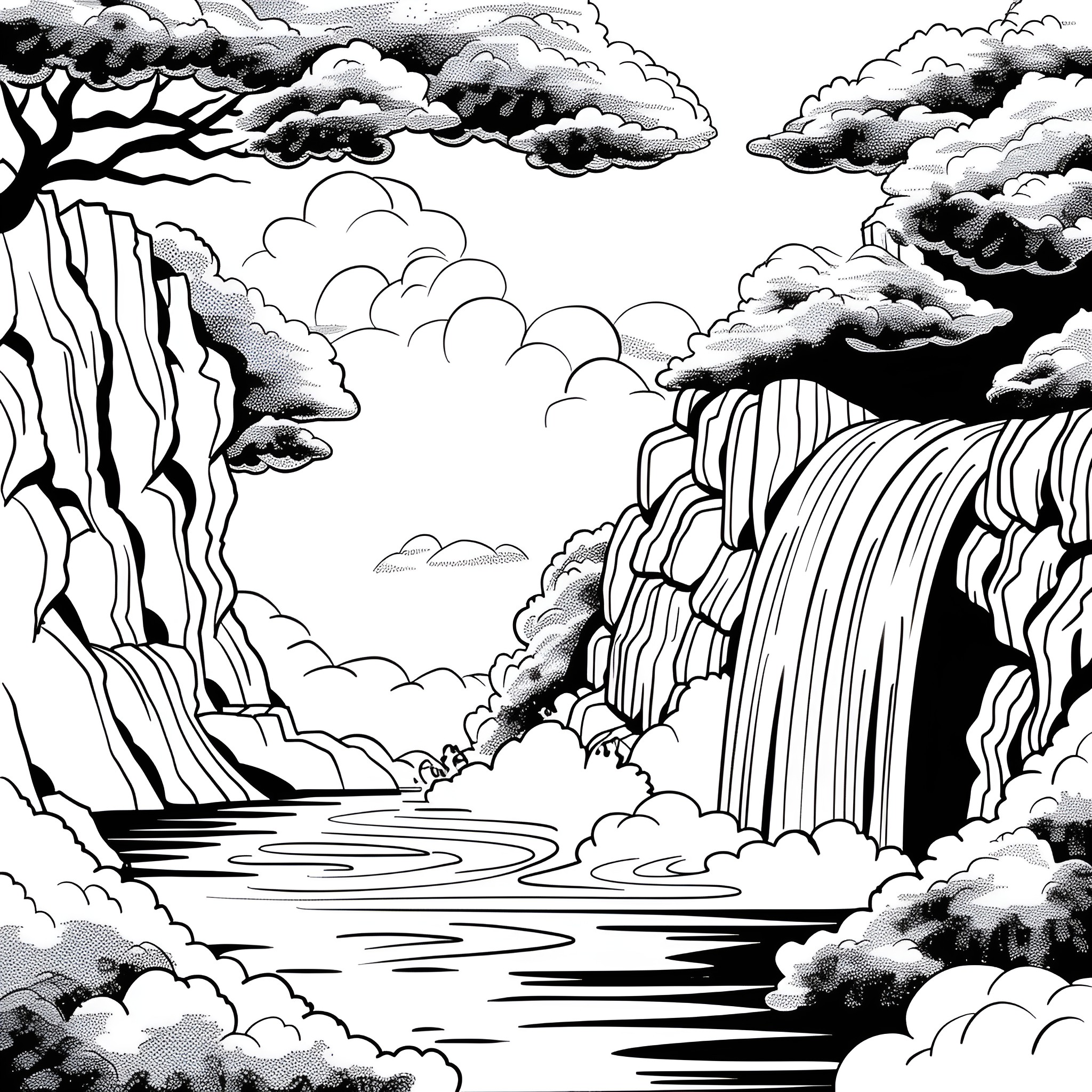 Aesthetic Waterfall Landscape Drawing Idea (free black-and-white line drawing printable PDF for all, from beginners to advanced learners, including children, teens, adults, and seniors)