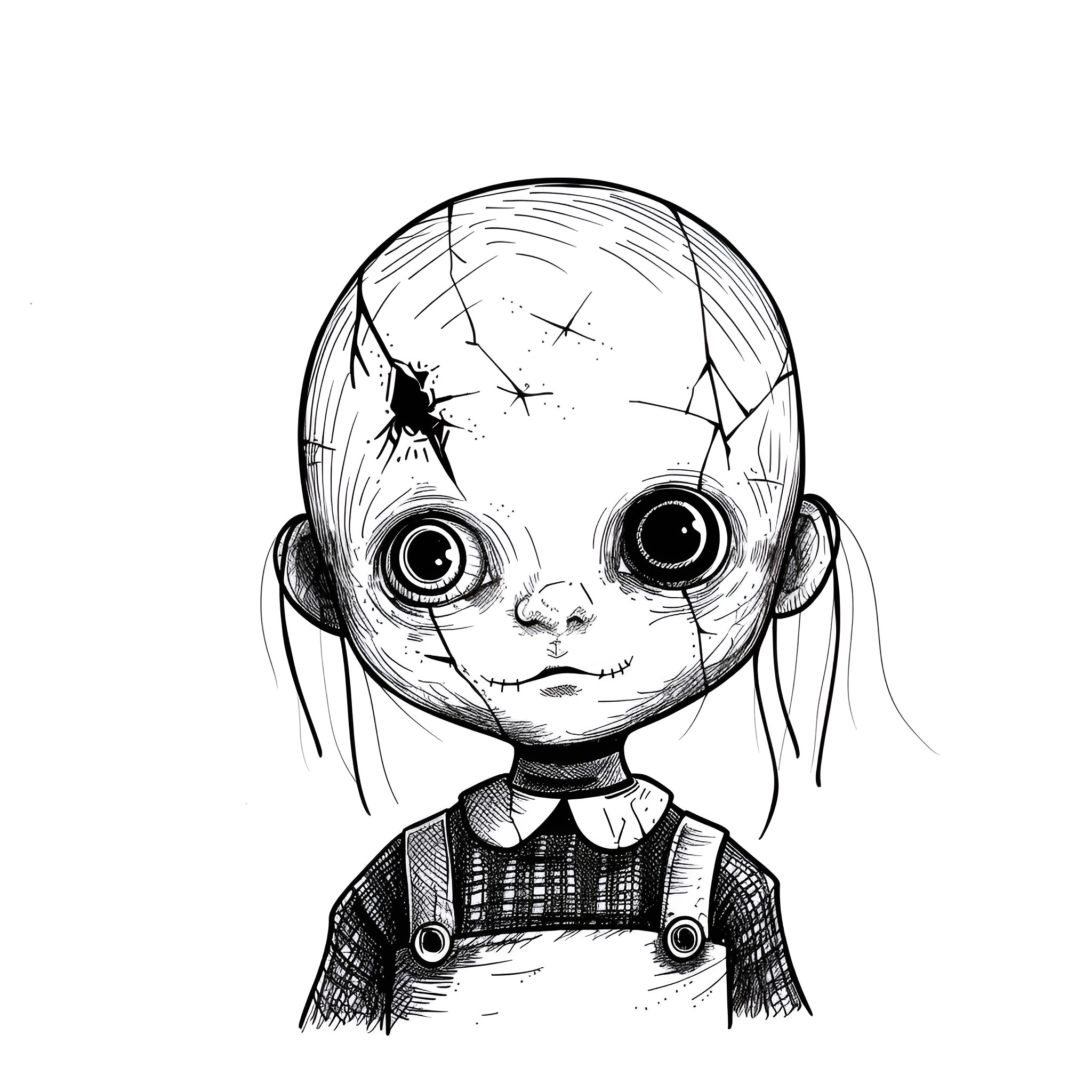Creepy doll with unsettling expression Drawing Idea (free black-and-white line drawing printable PDF for all, from beginners to advanced learners, including children, teens, adults, and seniors)