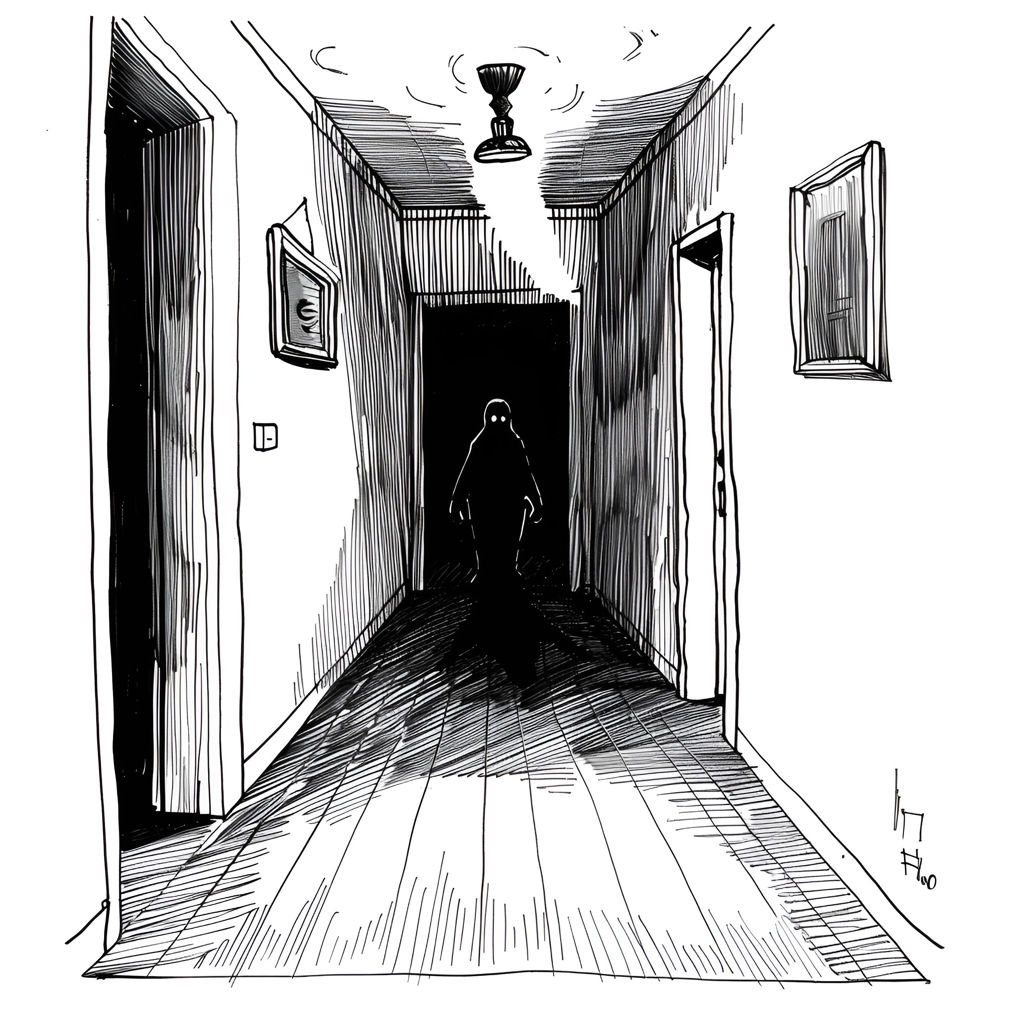 Creepy figure in dark hallway Drawing Idea (free black-and-white line drawing printable PDF for all, from beginners to advanced learners, including children, teens, adults, and seniors)