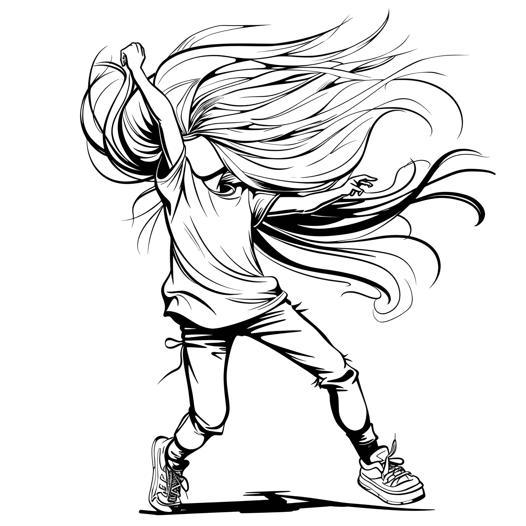Hair Blowing Dynamically in Wind Drawing Idea (free black-and-white line drawing printable PDF for all, from beginners to advanced learners, including children, teens, adults, and seniors)