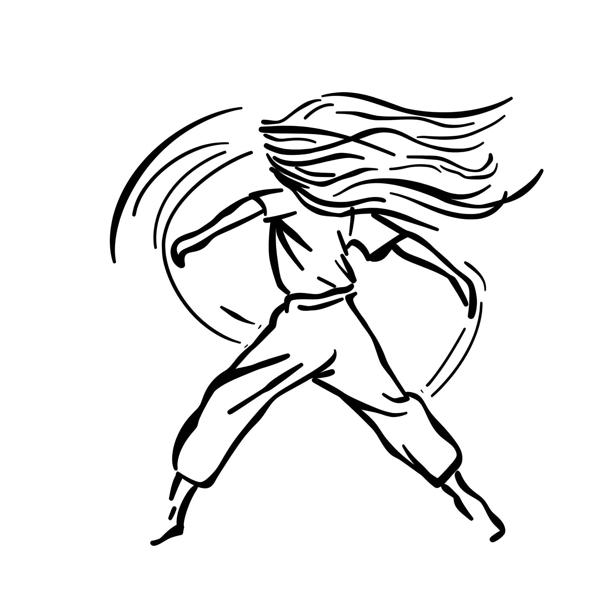 Hair Flowing Figure in Motion Drawing Idea (free black-and-white line drawing printable PDF for all, from beginners to advanced learners, including children, teens, adults, and seniors)