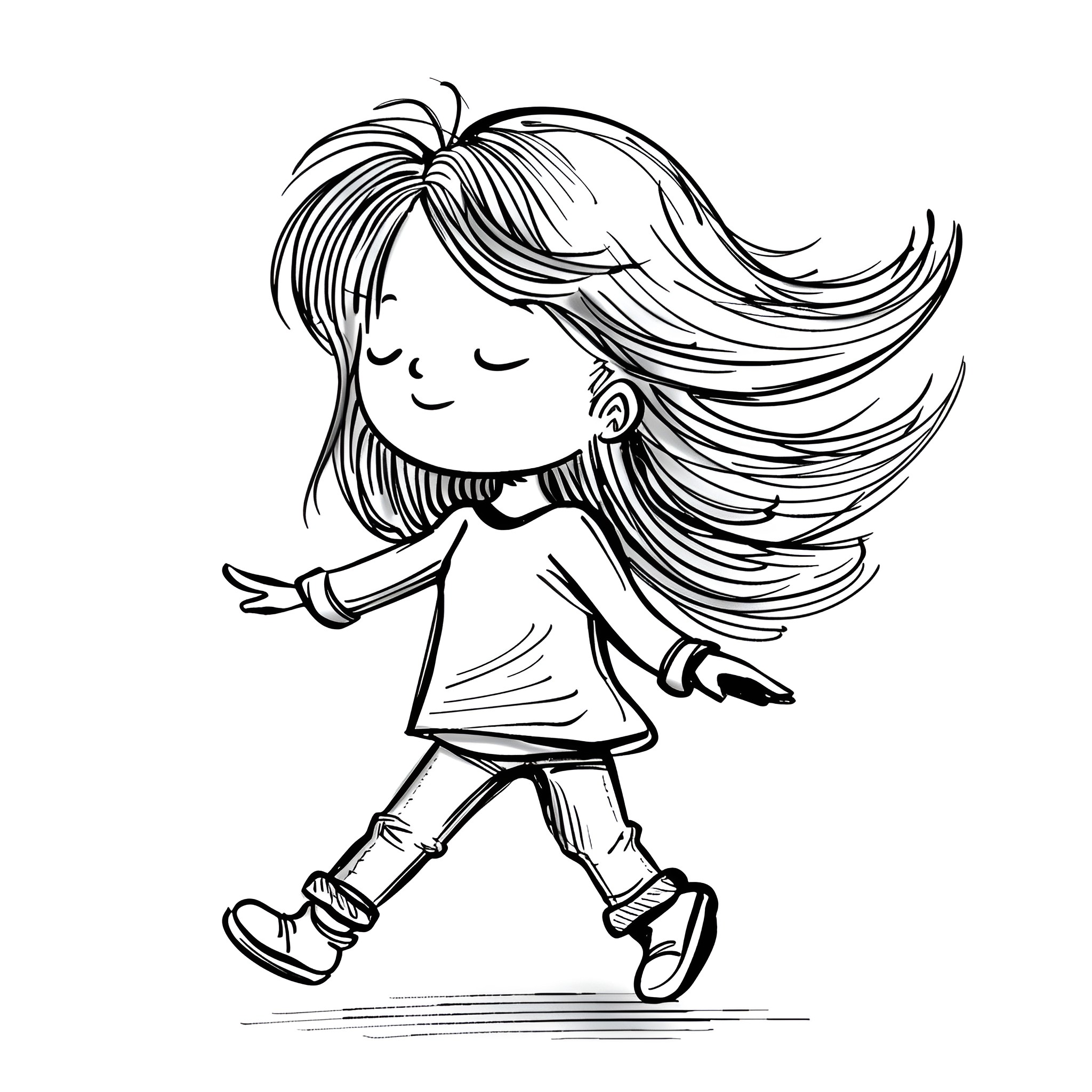 Hair Blowing Freely in the Wind Drawing Idea (free black-and-white line drawing printable PDF for all, from beginners to advanced learners, including children, teens, adults, and seniors)