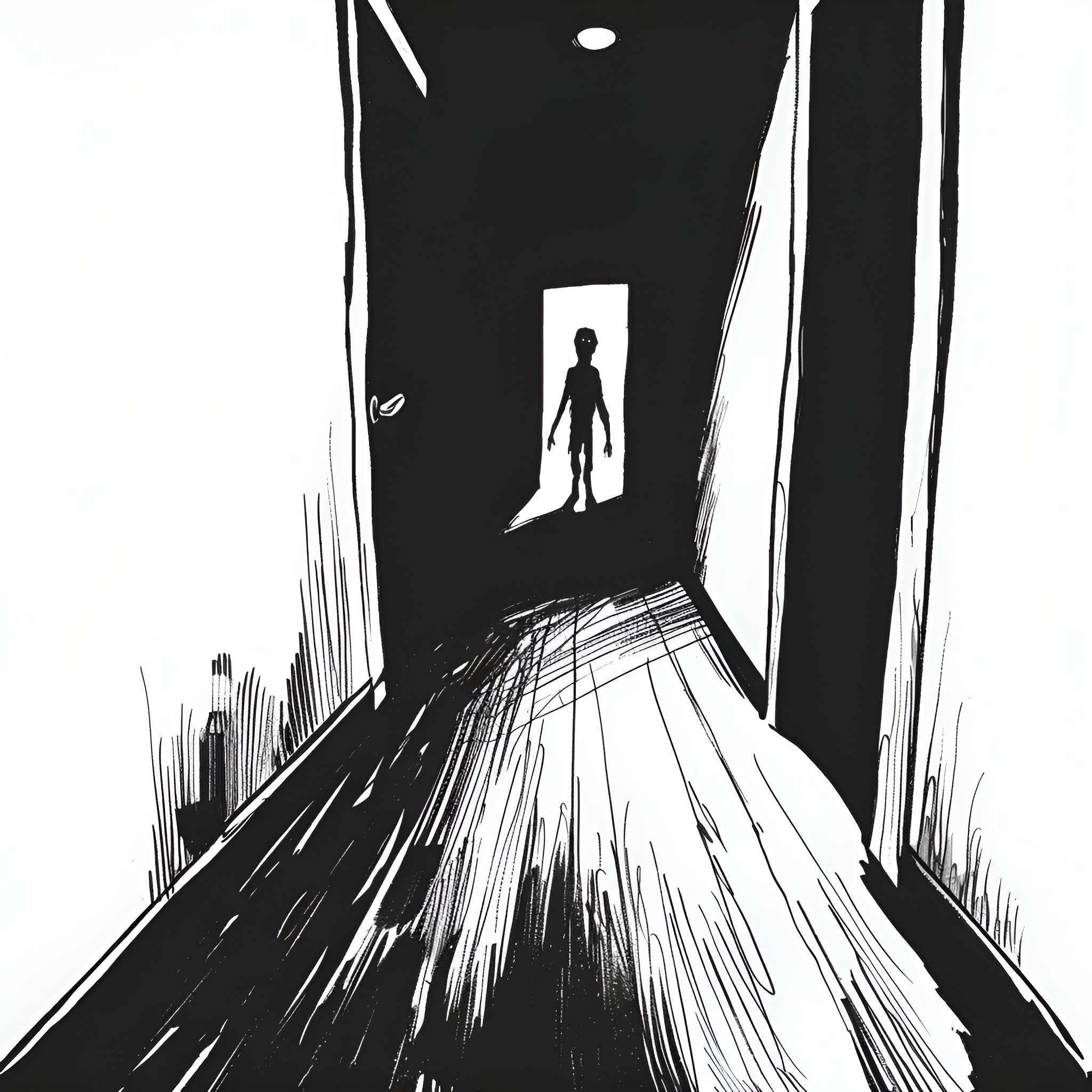 Creepy Silhouette in the Hallway Drawing Idea (free black-and-white line drawing printable PDF for all, from beginners to advanced learners, including children, teens, adults, and seniors)