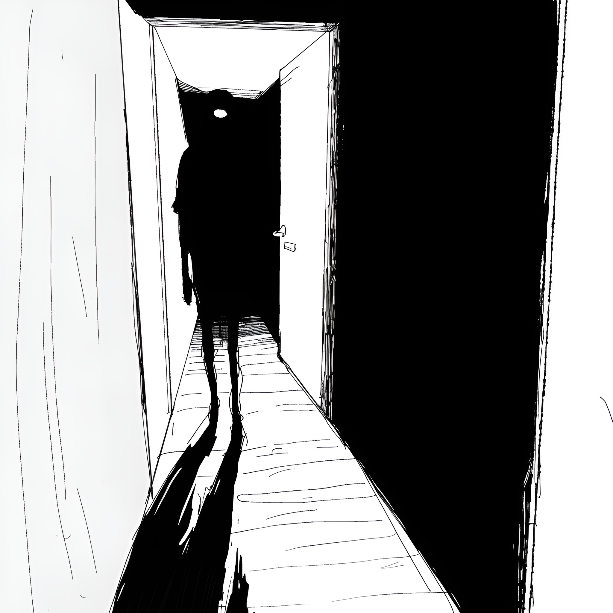Creepy Ominous Figure in Dark Hallway Drawing Idea (free black-and-white line drawing printable PDF for all, from beginners to advanced learners, including children, teens, adults, and seniors)