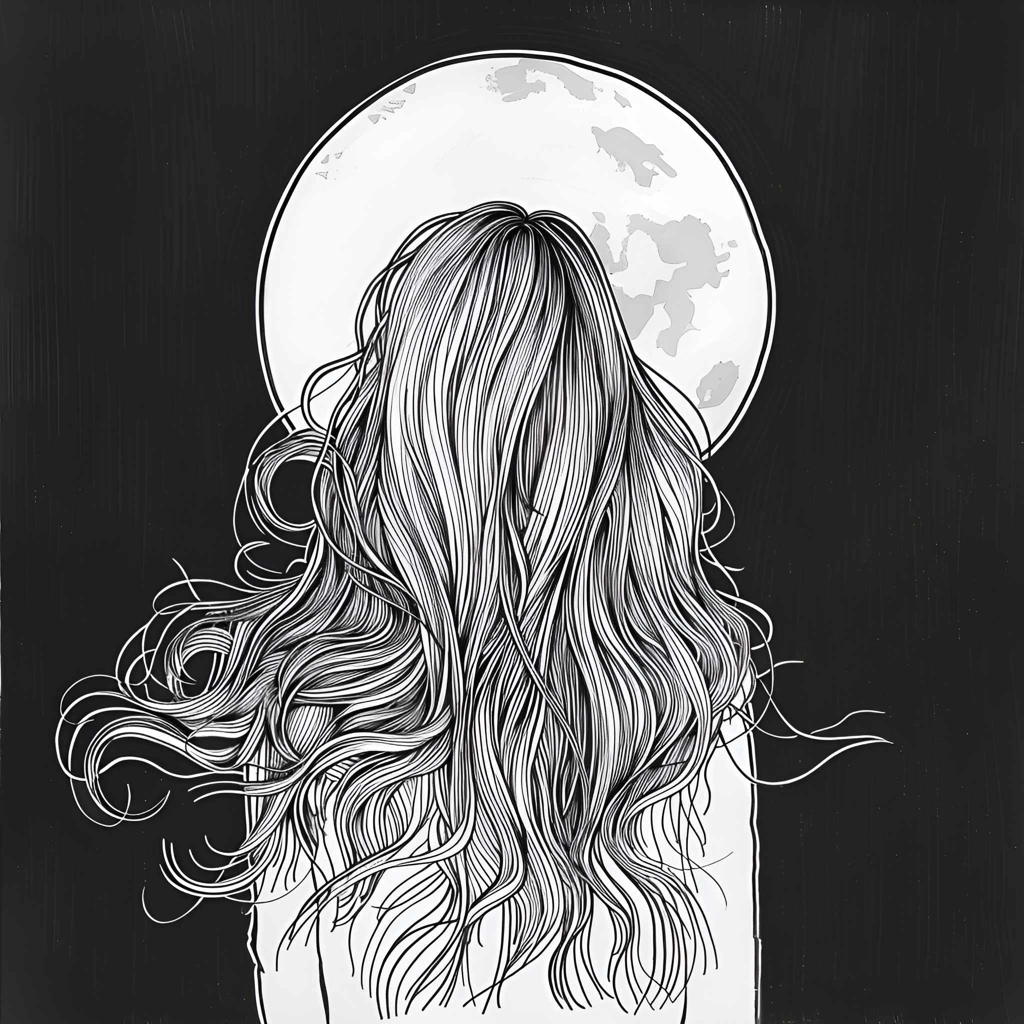 Hair flowing in moonlight Drawing Idea (free black-and-white line drawing printable PDF for all, from beginners to advanced learners, including children, teens, adults, and seniors)