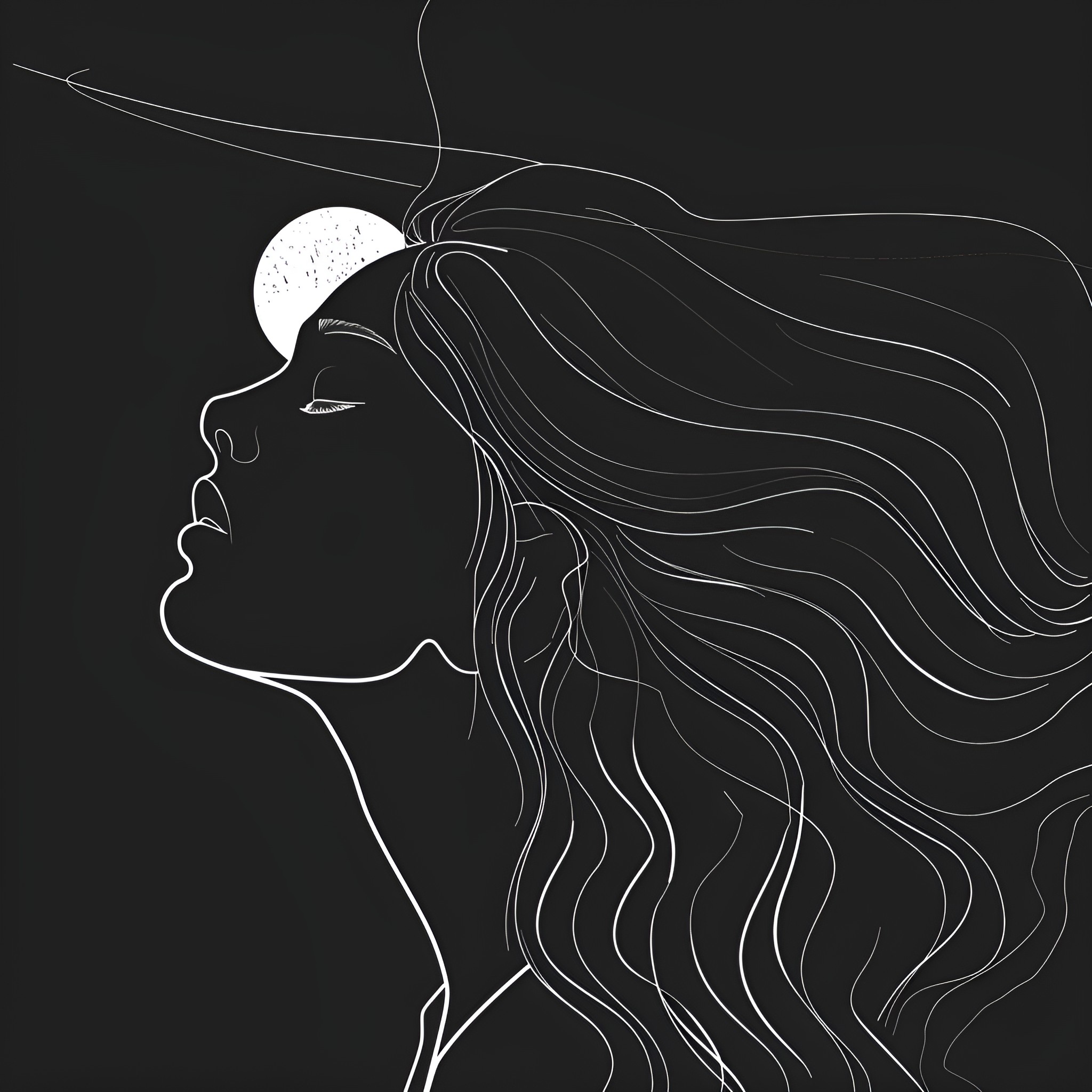 Hair flowing in the night Drawing Idea (free black-and-white line drawing printable PDF for all, from beginners to advanced learners, including children, teens, adults, and seniors)
