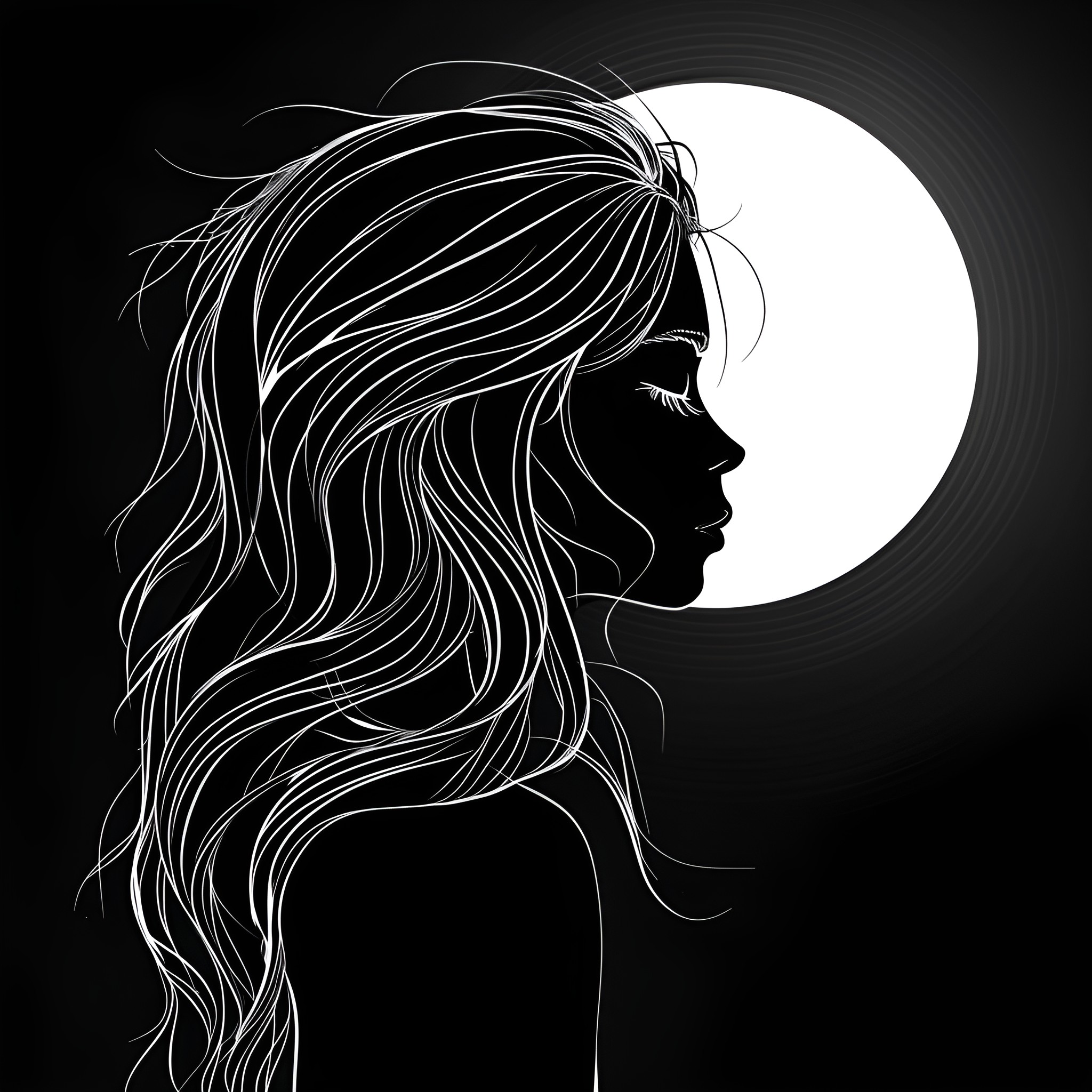 Hair flowing in the moonlight Drawing Idea (free black-and-white line drawing printable PDF for all, from beginners to advanced learners, including children, teens, adults, and seniors)