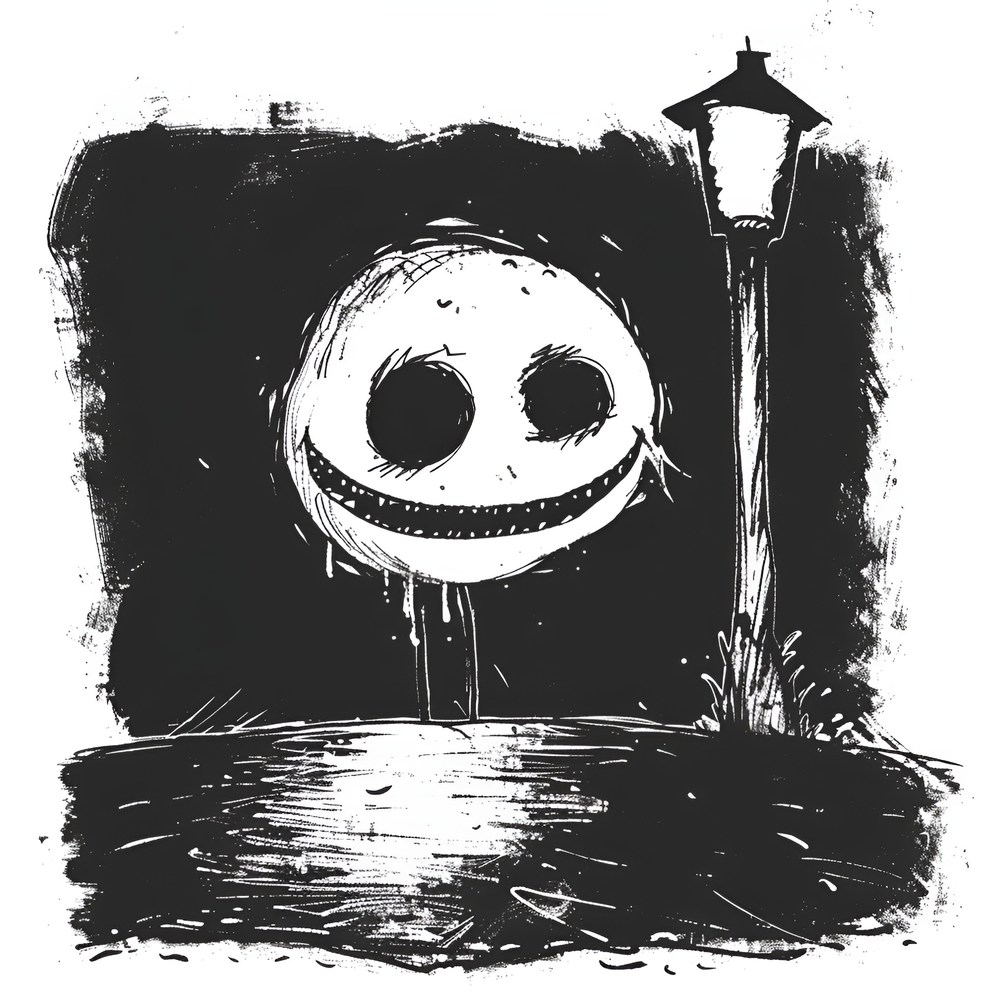 Creepy Grinning Face in the Night Drawing Idea (free black-and-white line drawing printable PDF for all, from beginners to advanced learners, including children, teens, adults, and seniors)