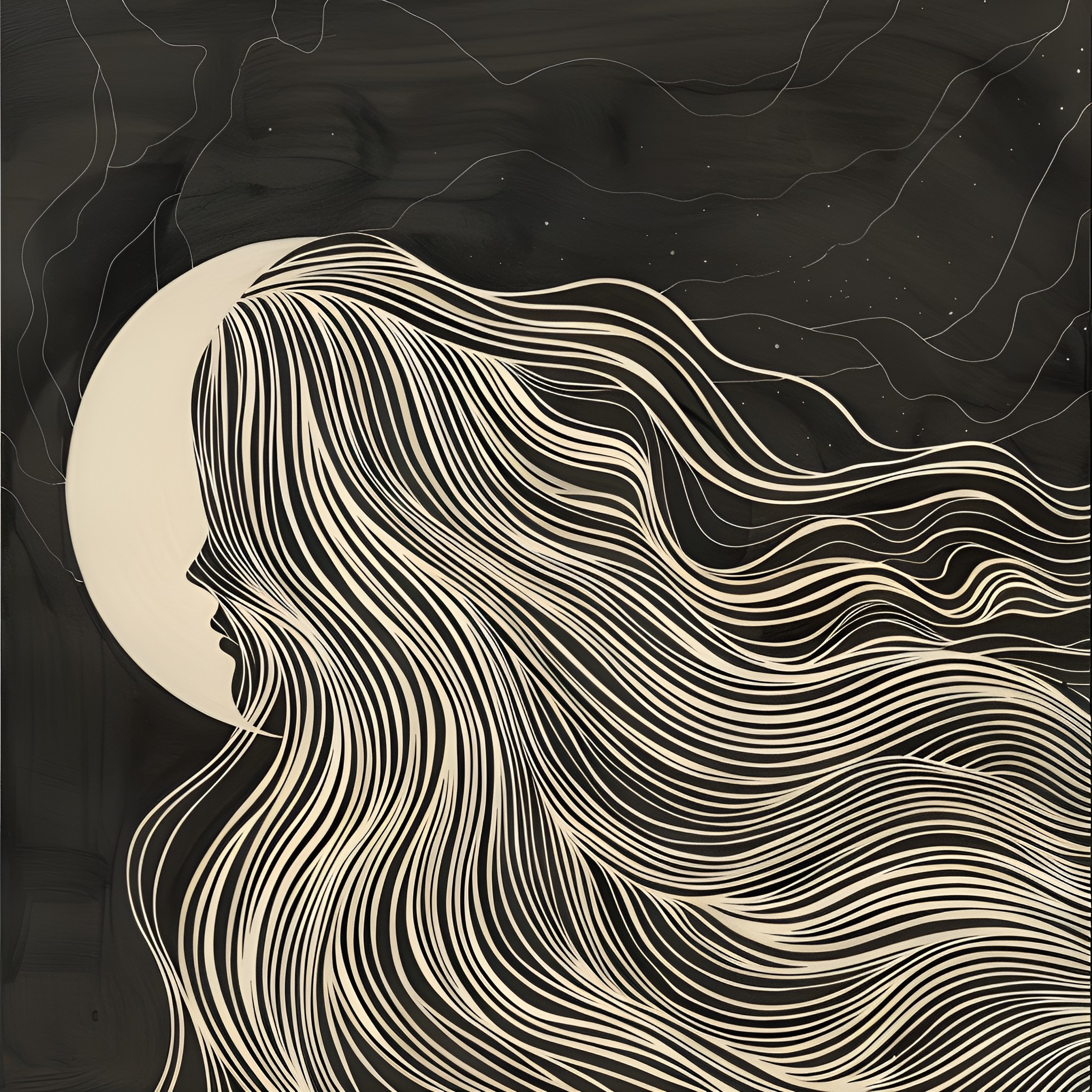 Hair flowing in the moonlight Drawing Idea (free black-and-white line drawing printable PDF for all, from beginners to advanced learners, including children, teens, adults, and seniors)
