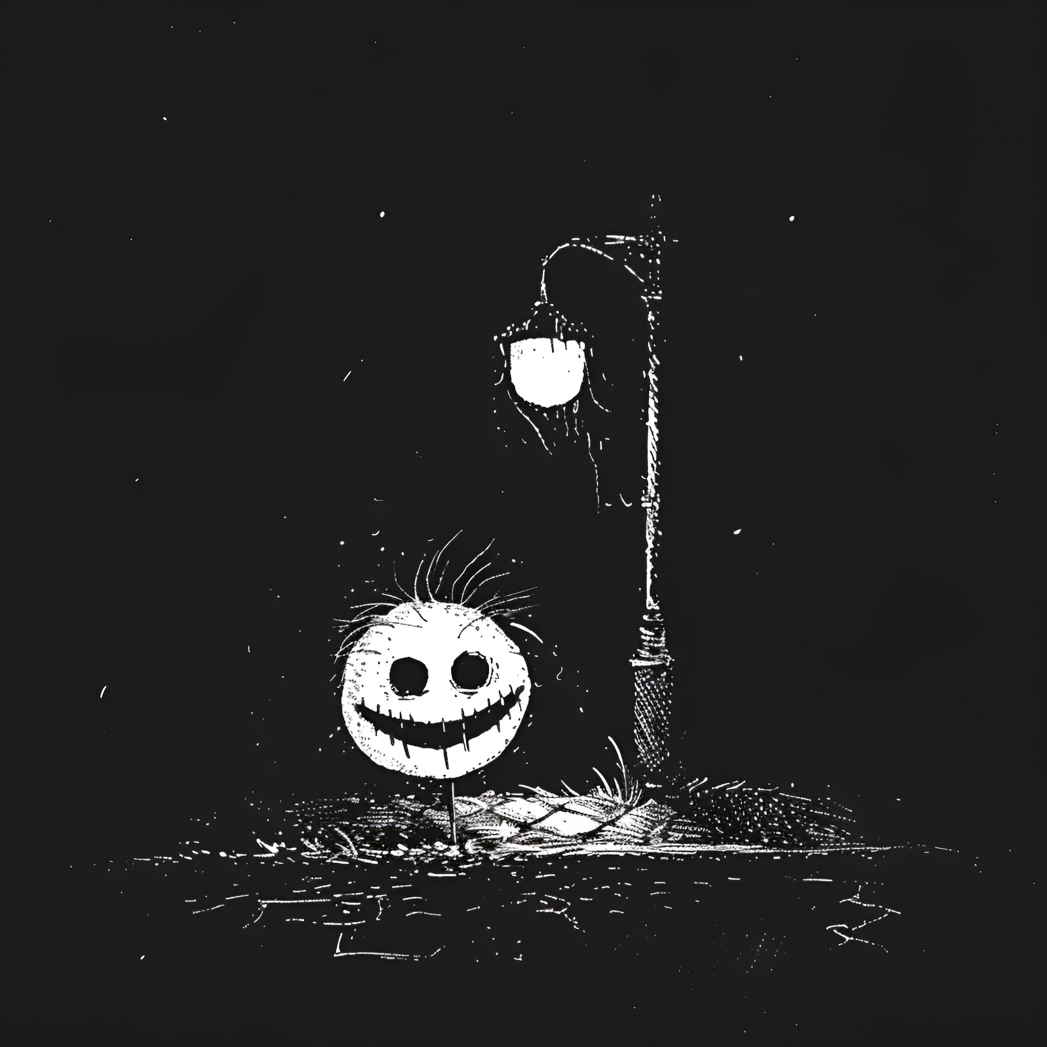 Creepy Smiley Creature in Dark Shadows Drawing Idea (free black-and-white line drawing printable PDF for all, from beginners to advanced learners, including children, teens, adults, and seniors)