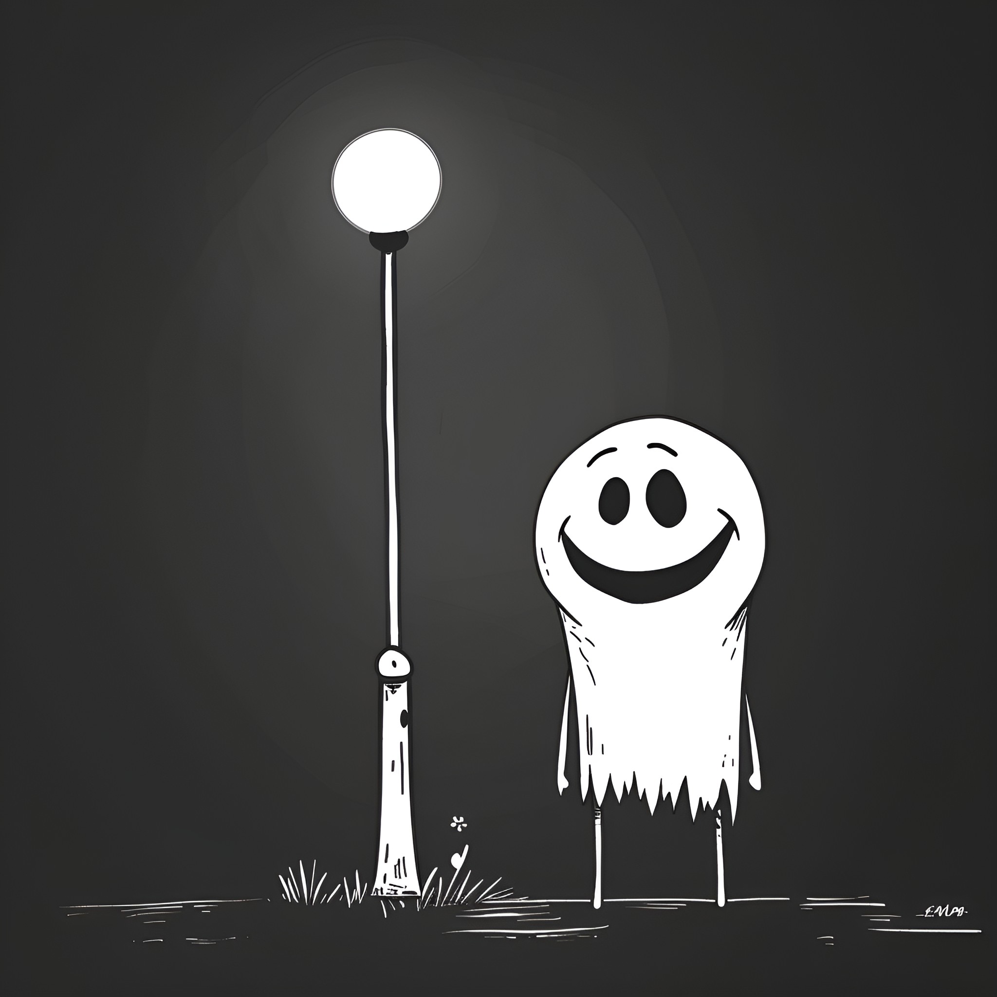 Creepy smiling ghost standing under a street lamp Drawing Idea (free black-and-white line drawing printable PDF for all, from beginners to advanced learners, including children, teens, adults, and seniors)