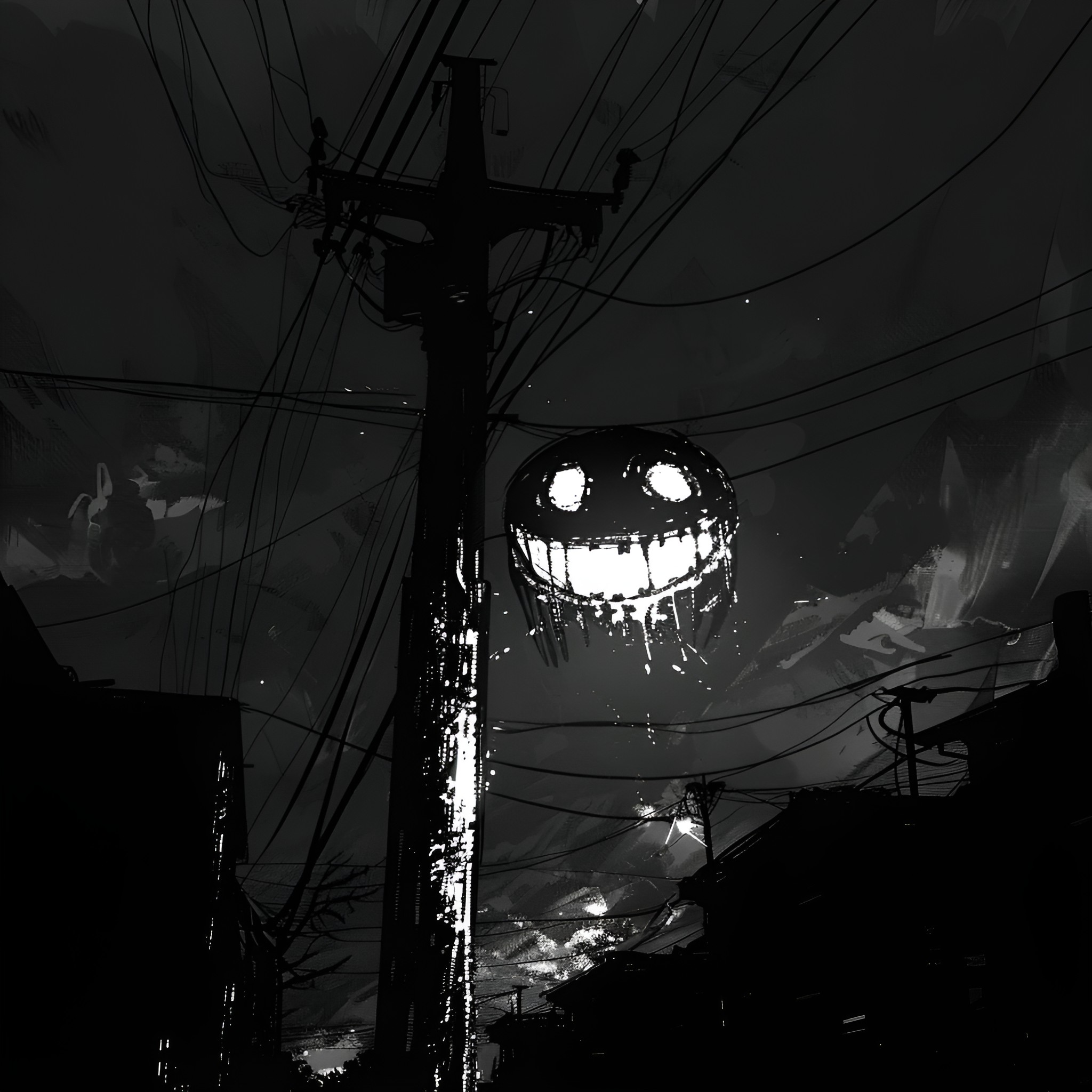 Creepy grinning lamp post in the night Drawing Idea (free black-and-white line drawing printable PDF for all, from beginners to advanced learners, including children, teens, adults, and seniors)