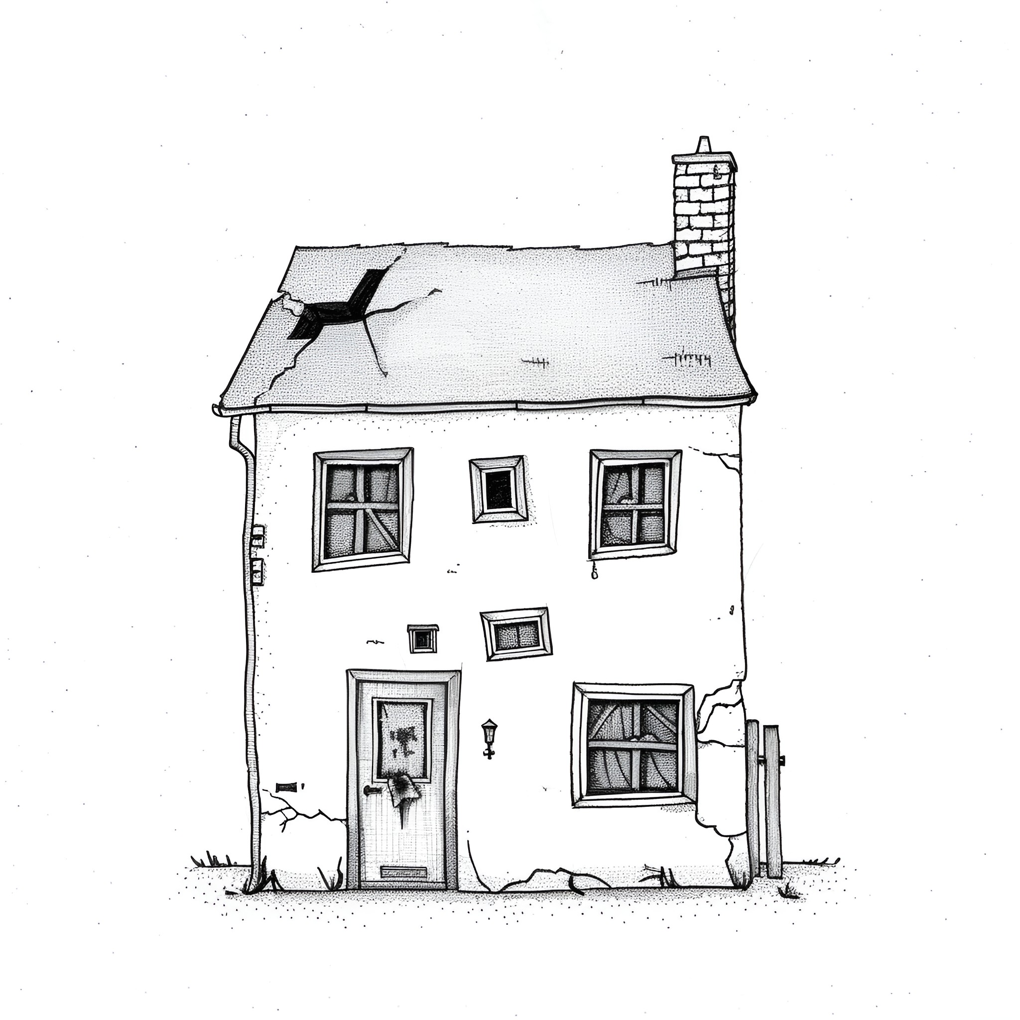 Creepy abandoned cottage with broken windows Drawing Idea (free black-and-white line drawing printable PDF for all, from beginners to advanced learners, including children, teens, adults, and seniors)