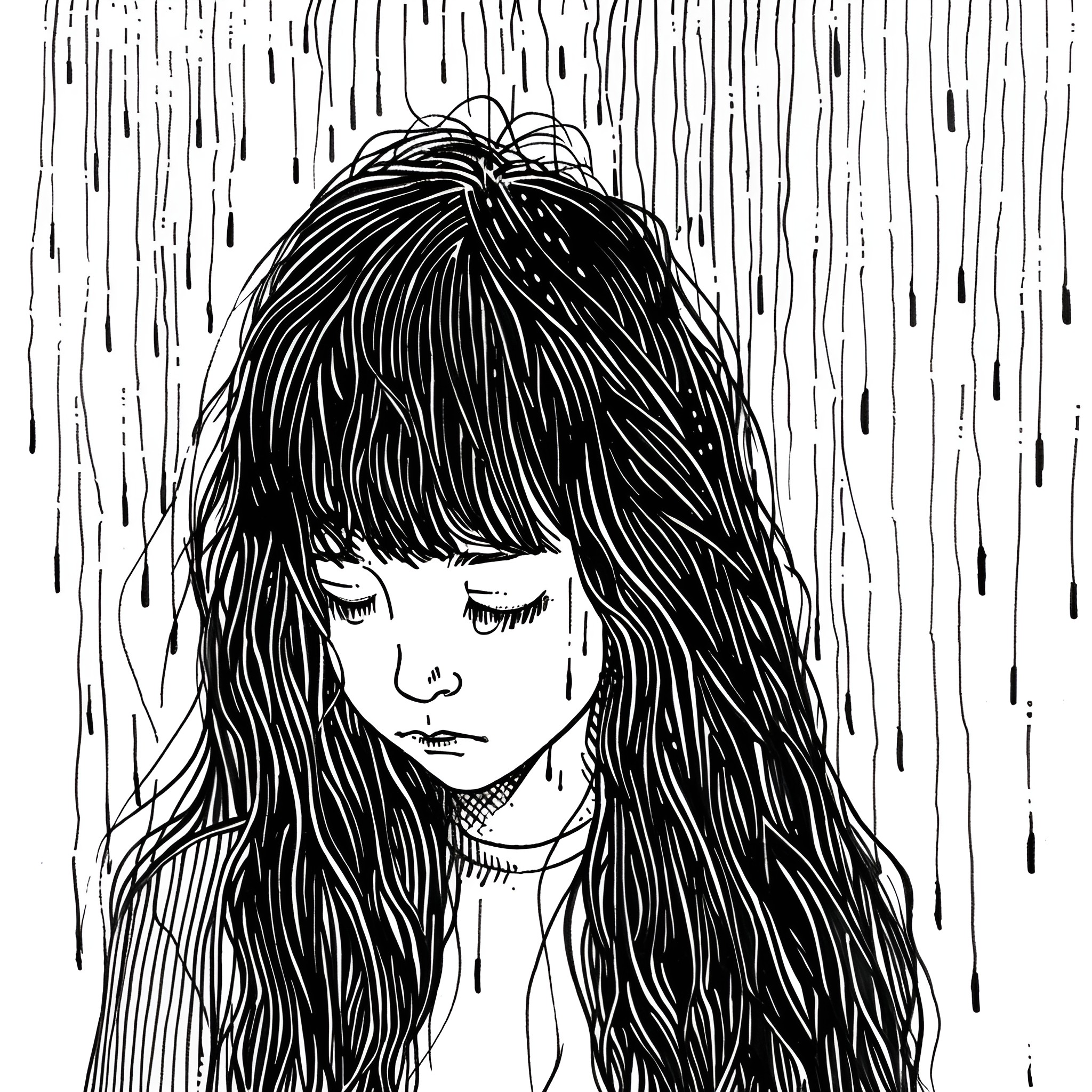 Hair falling in the rain Drawing Idea (free black-and-white line drawing printable PDF for all, from beginners to advanced learners, including children, teens, adults, and seniors)