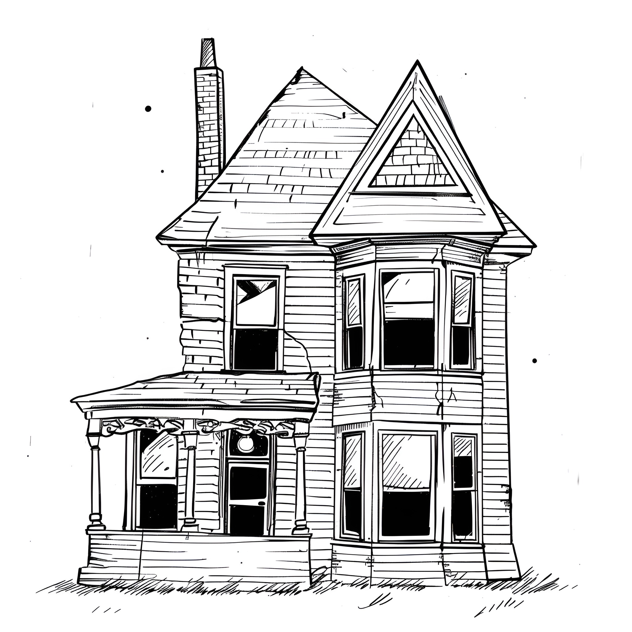 Creepy Haunted House Drawing Idea (free black-and-white line drawing printable PDF for all, from beginners to advanced learners, including children, teens, adults, and seniors)
