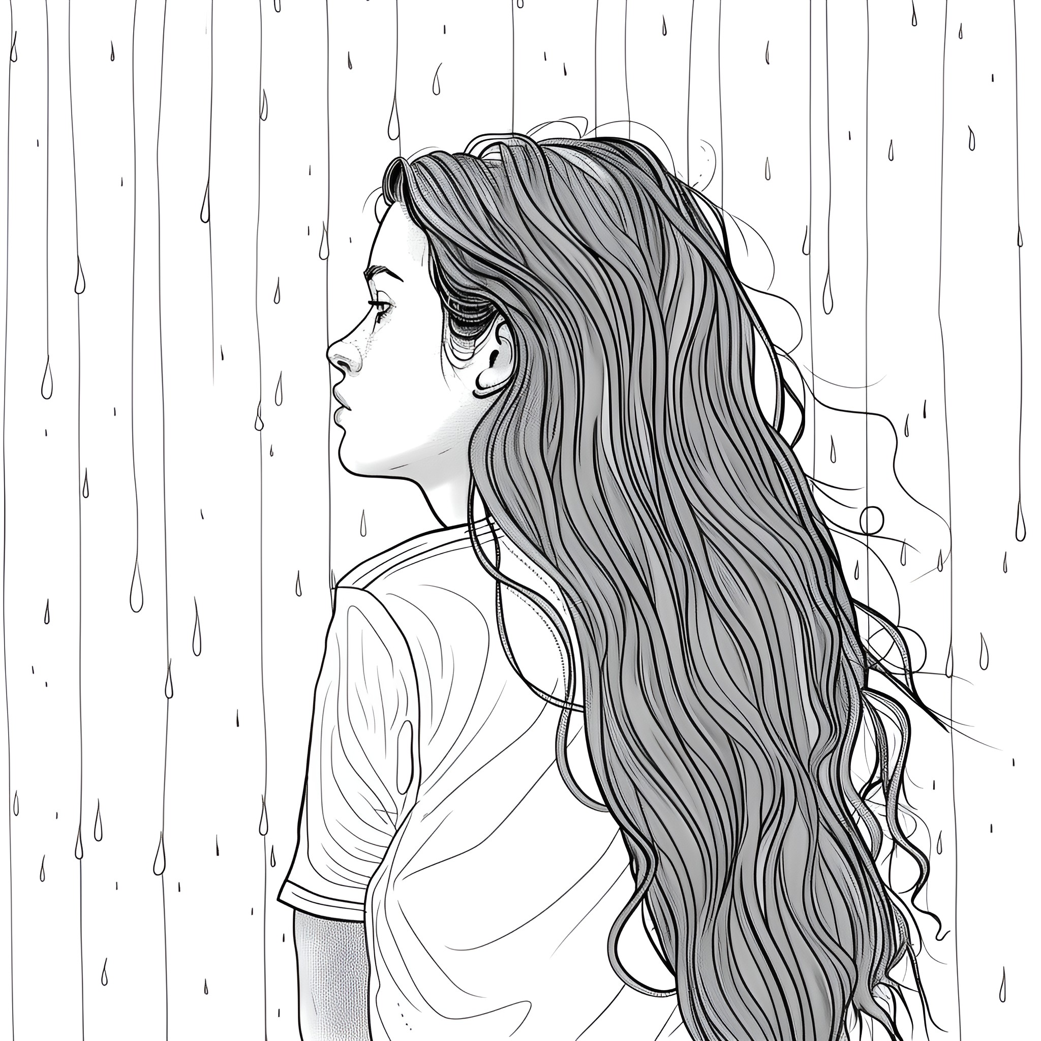 Hair in the rain, woman gazing thoughtfully Drawing Idea (free black-and-white line drawing printable PDF for all, from beginners to advanced learners, including children, teens, adults, and seniors)