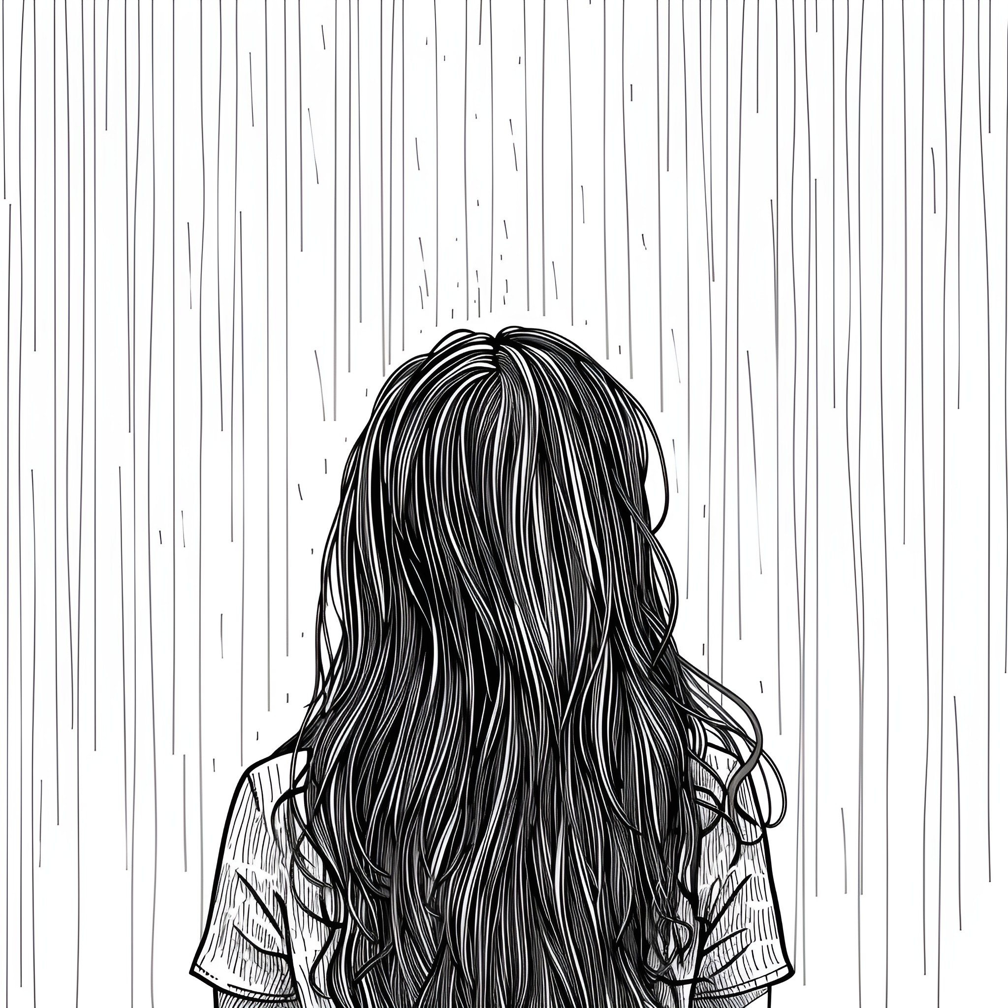 Hair flowing in the rain Drawing Idea (free black-and-white line drawing printable PDF for all, from beginners to advanced learners, including children, teens, adults, and seniors)