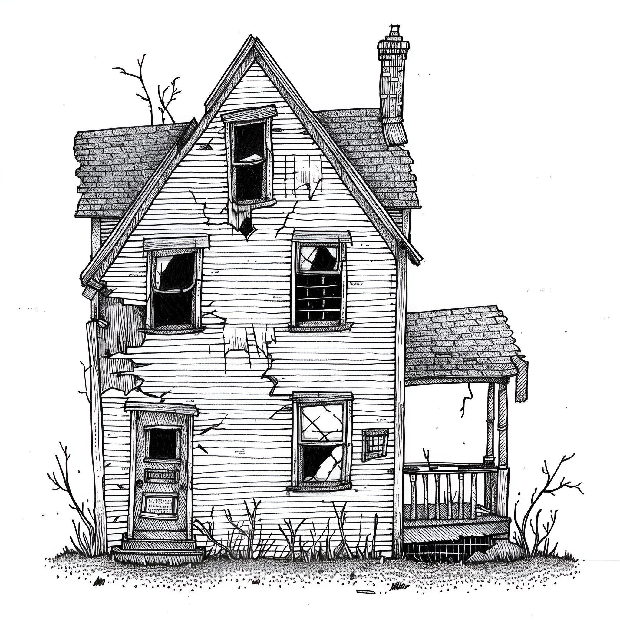 Creepy Abandoned House with Broken Windows Drawing Idea (free black-and-white line drawing printable PDF for all, from beginners to advanced learners, including children, teens, adults, and seniors)