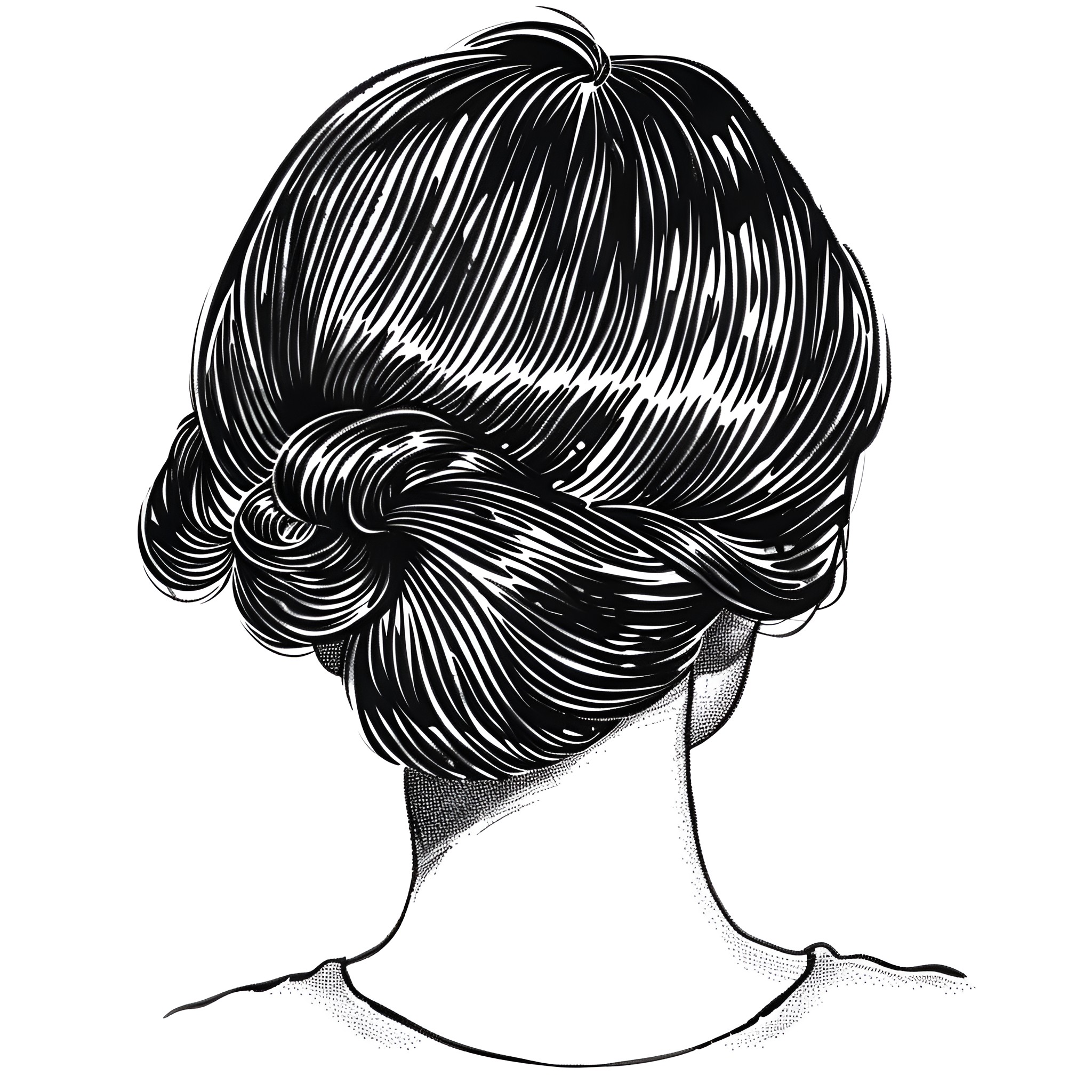 Hair Up in an Elegant Bun Drawing Idea (free black-and-white line drawing printable PDF for all, from beginners to advanced learners, including children, teens, adults, and seniors)