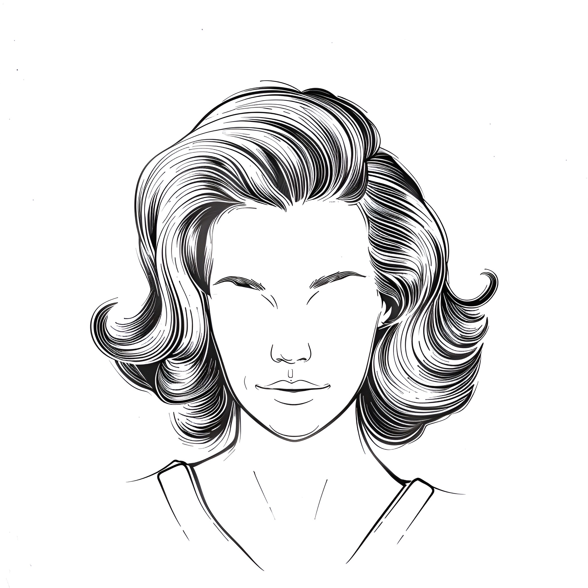 Hair stylized portrait of pensive woman Drawing Idea (free black-and-white line drawing printable PDF for all, from beginners to advanced learners, including children, teens, adults, and seniors)