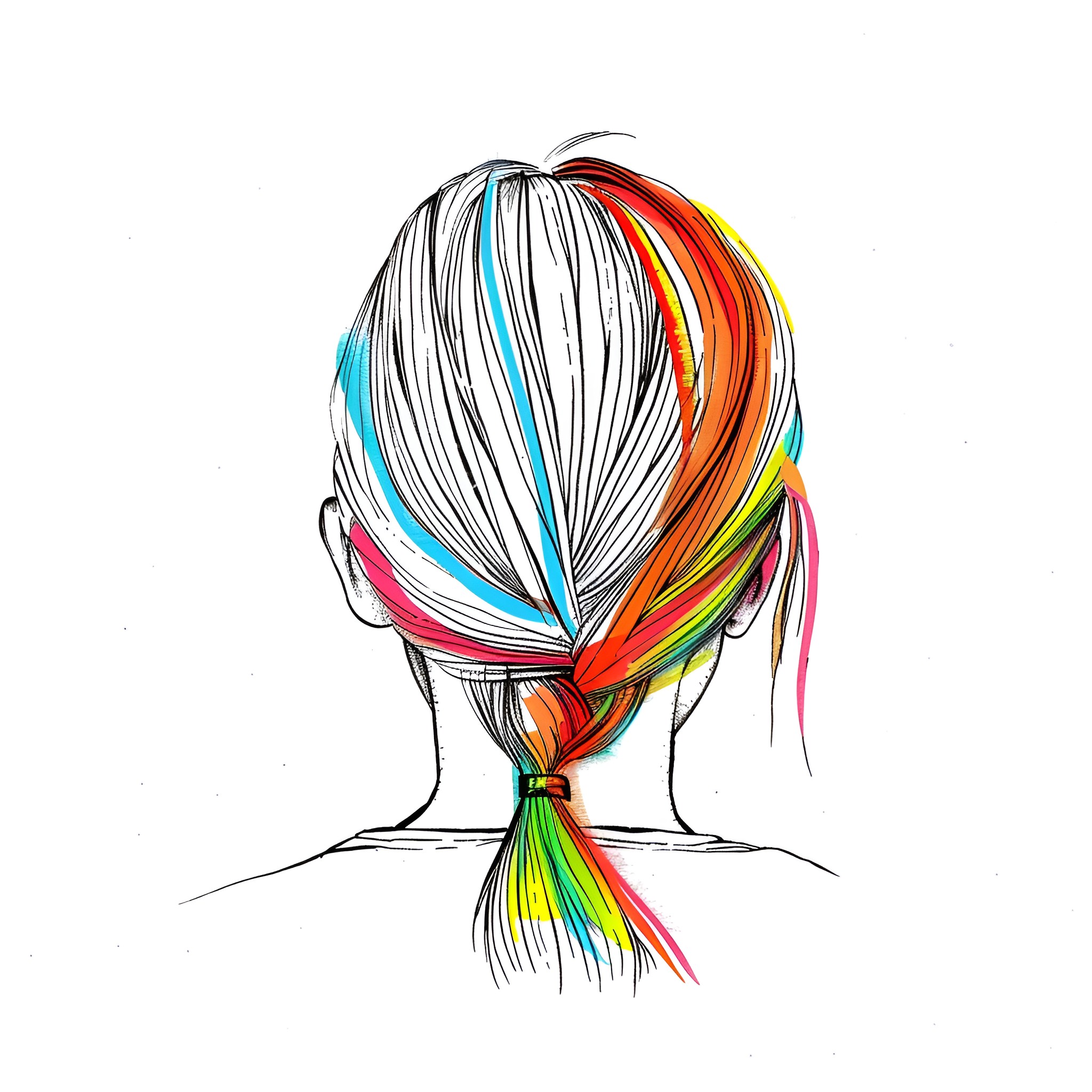 Hair of vibrant ribbons and strands Drawing Idea (free black-and-white line drawing printable PDF for all, from beginners to advanced learners, including children, teens, adults, and seniors)