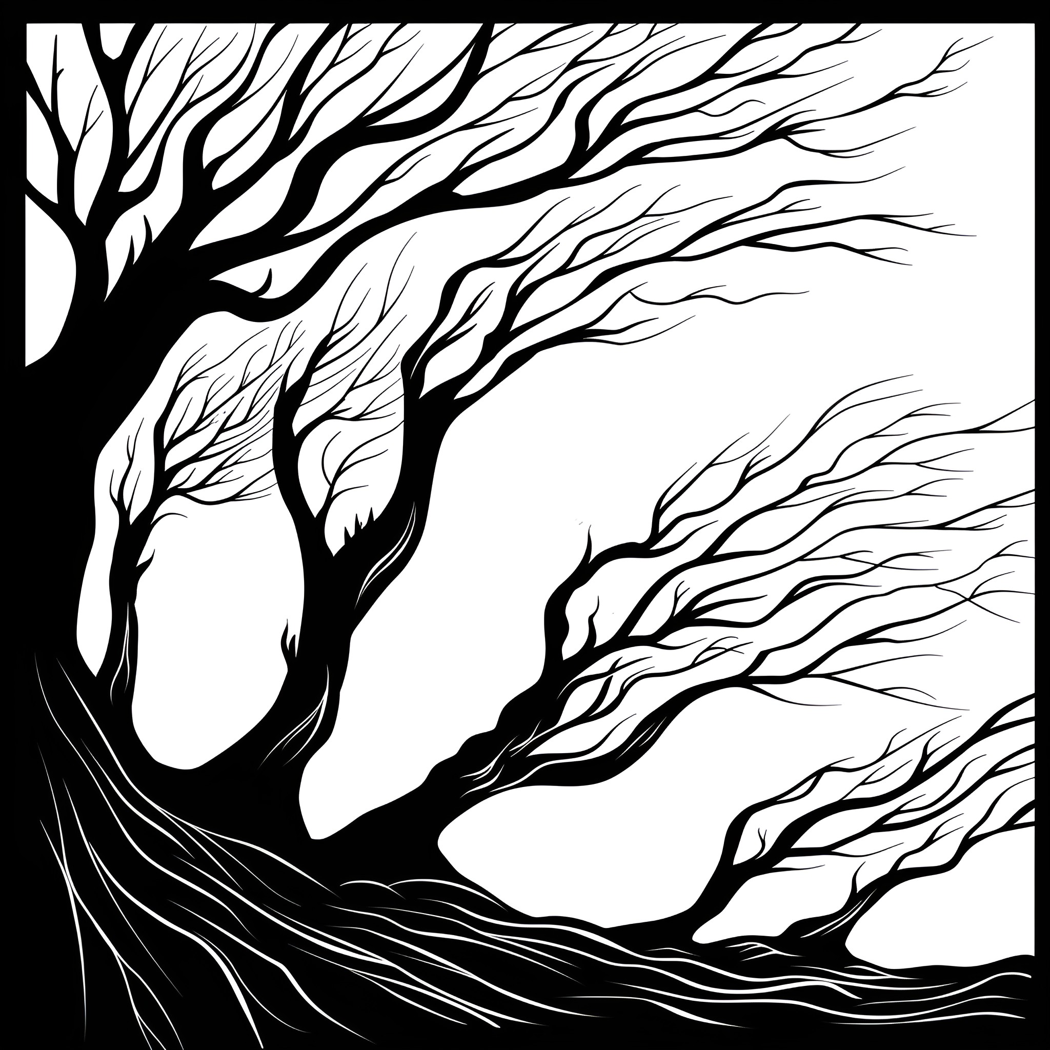 Creepy Twisted Branches in Storm Drawing Idea (free black-and-white line drawing printable PDF for all, from beginners to advanced learners, including children, teens, adults, and seniors)
