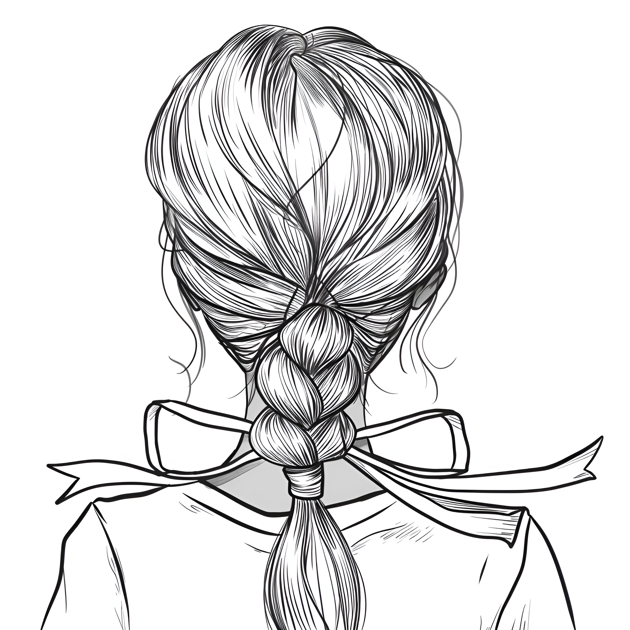 Hair braided with ribbon and bow Drawing Idea (free black-and-white line drawing printable PDF for all, from beginners to advanced learners, including children, teens, adults, and seniors)