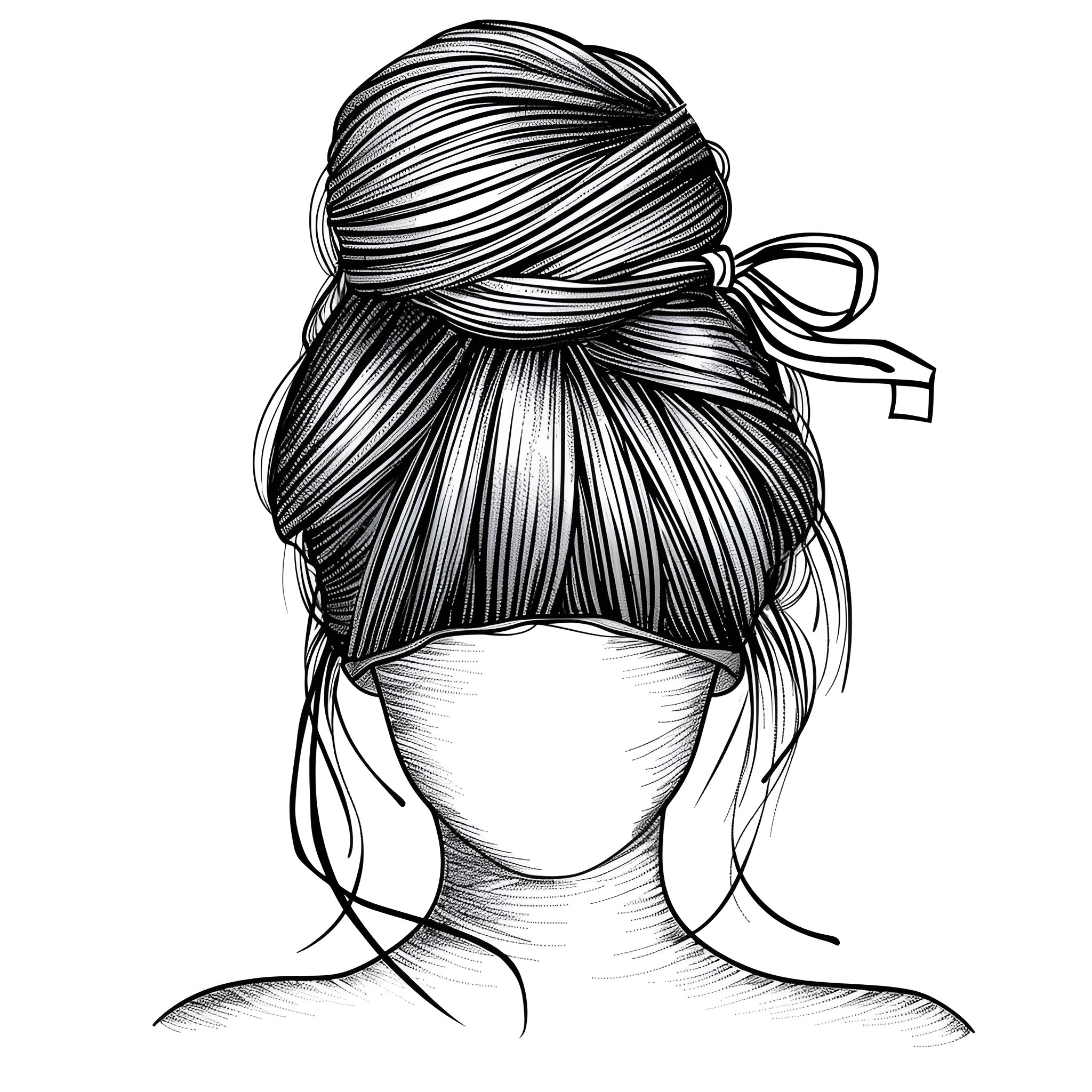 Hair Twisted in an Elaborate Bun Drawing Idea (free black-and-white line drawing printable PDF for all, from beginners to advanced learners, including children, teens, adults, and seniors)