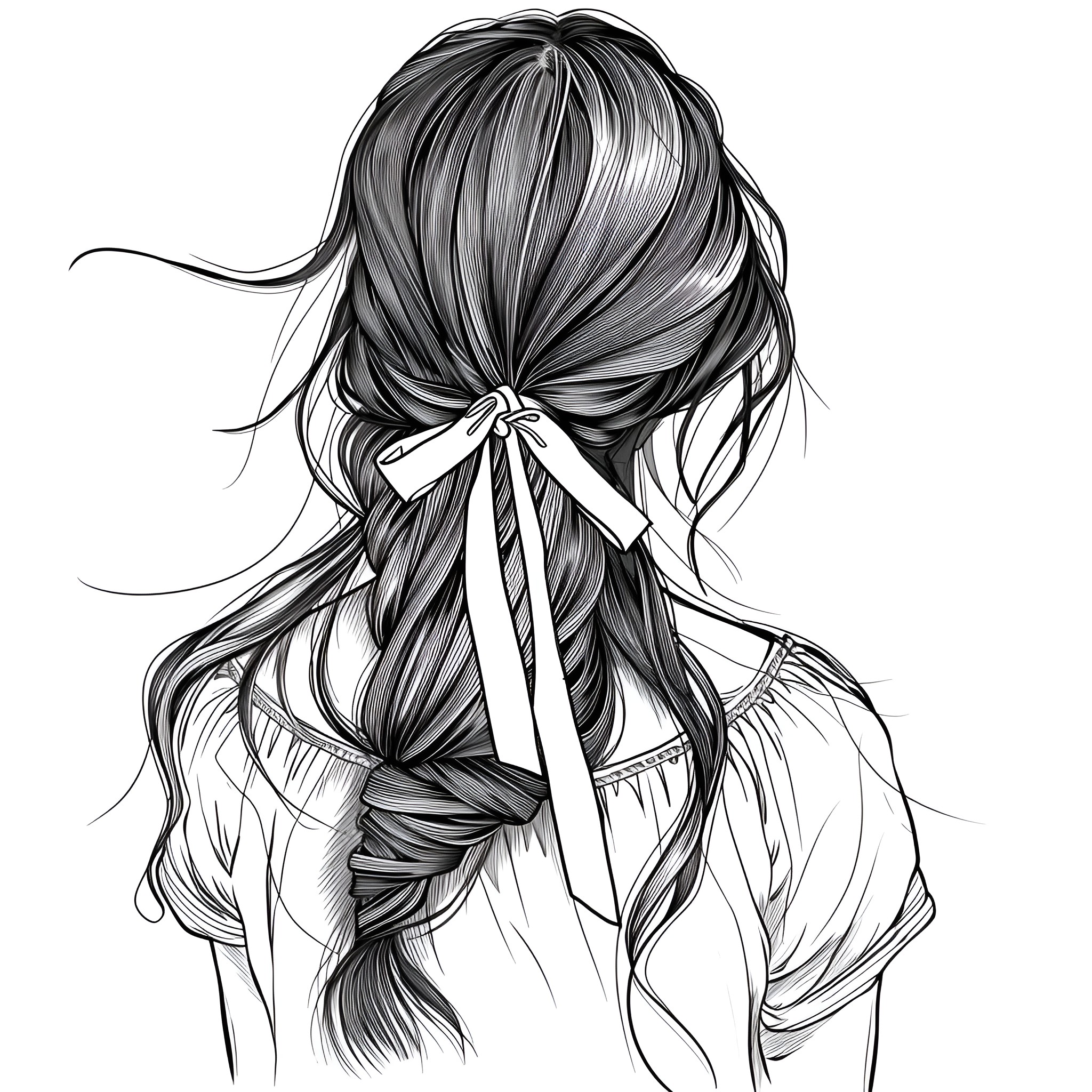 Hair adorned with bow and braid Drawing Idea (free black-and-white line drawing printable PDF for all, from beginners to advanced learners, including children, teens, adults, and seniors)