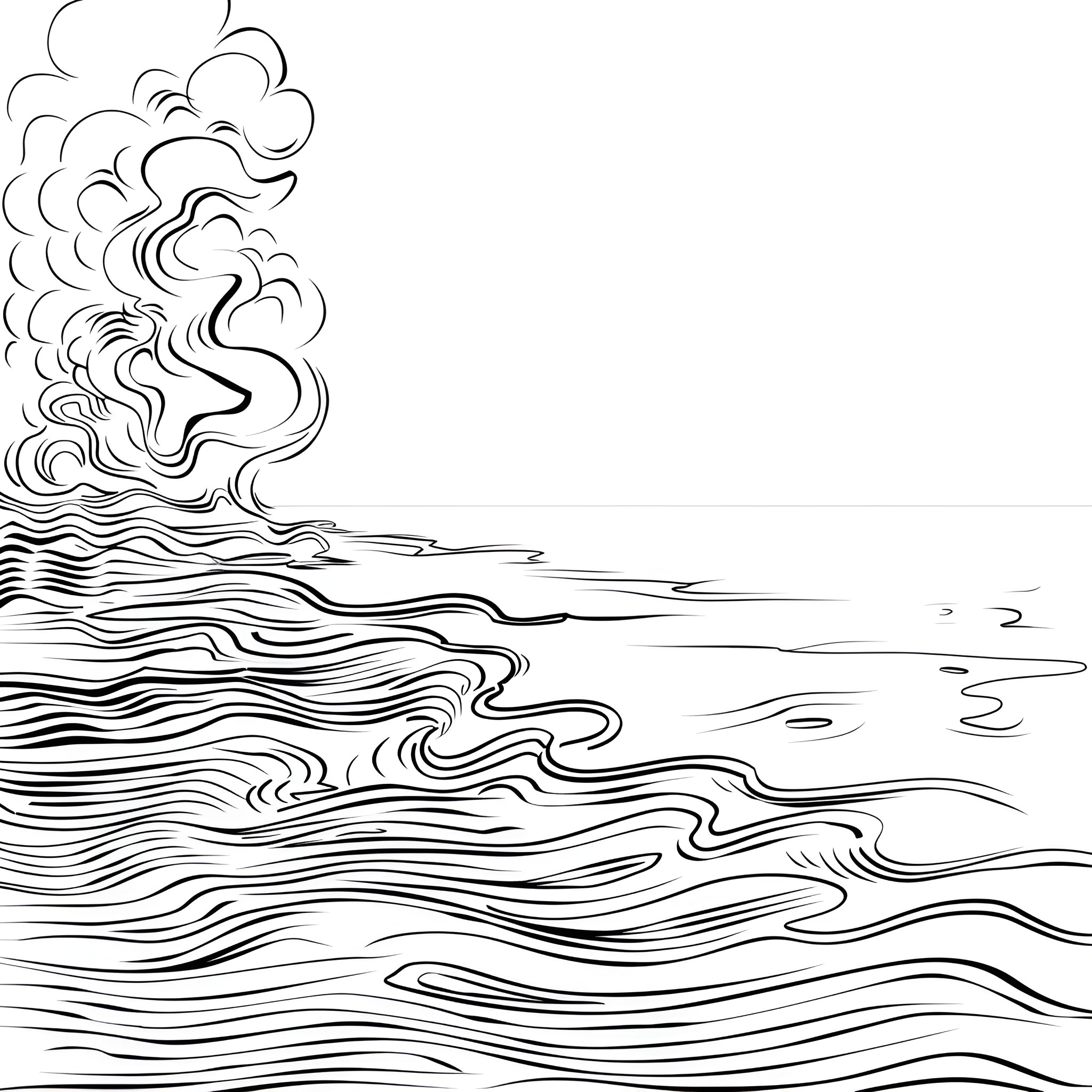 Creepy Swirling Smoke over Distorted Seascape Drawing Idea (free black-and-white line drawing printable PDF for all, from beginners to advanced learners, including children, teens, adults, and seniors)
