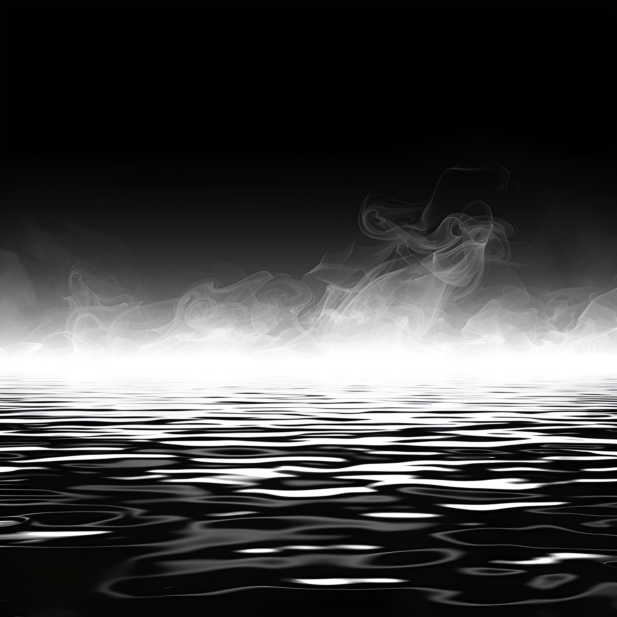 Creepy mist over dark, wavy waters Drawing Idea (free black-and-white line drawing printable PDF for all, from beginners to advanced learners, including children, teens, adults, and seniors)