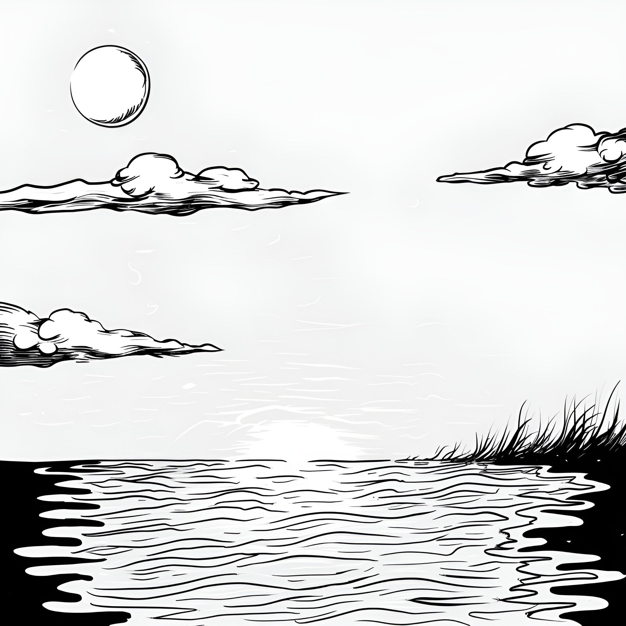 Creepy Moonlit Lakeside Landscape Drawing Idea (free black-and-white line drawing printable PDF for all, from beginners to advanced learners, including children, teens, adults, and seniors)