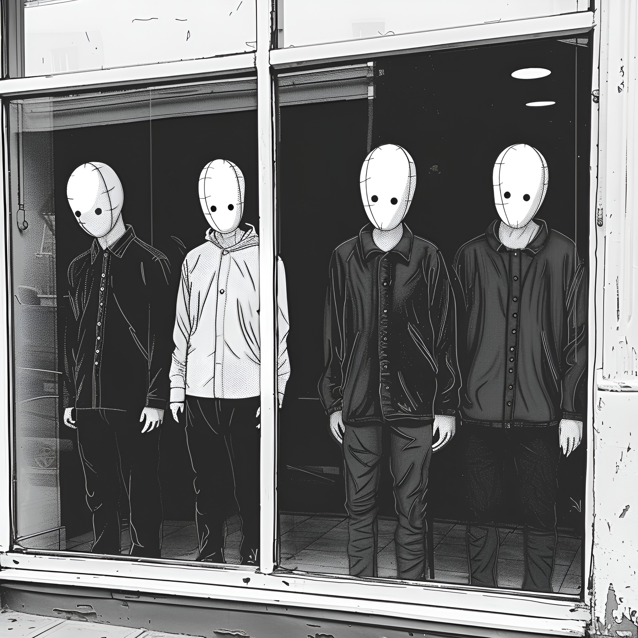 Creepy masked figures standing in a dark room Drawing Idea (free black-and-white line drawing printable PDF for all, from beginners to advanced learners, including children, teens, adults, and seniors)