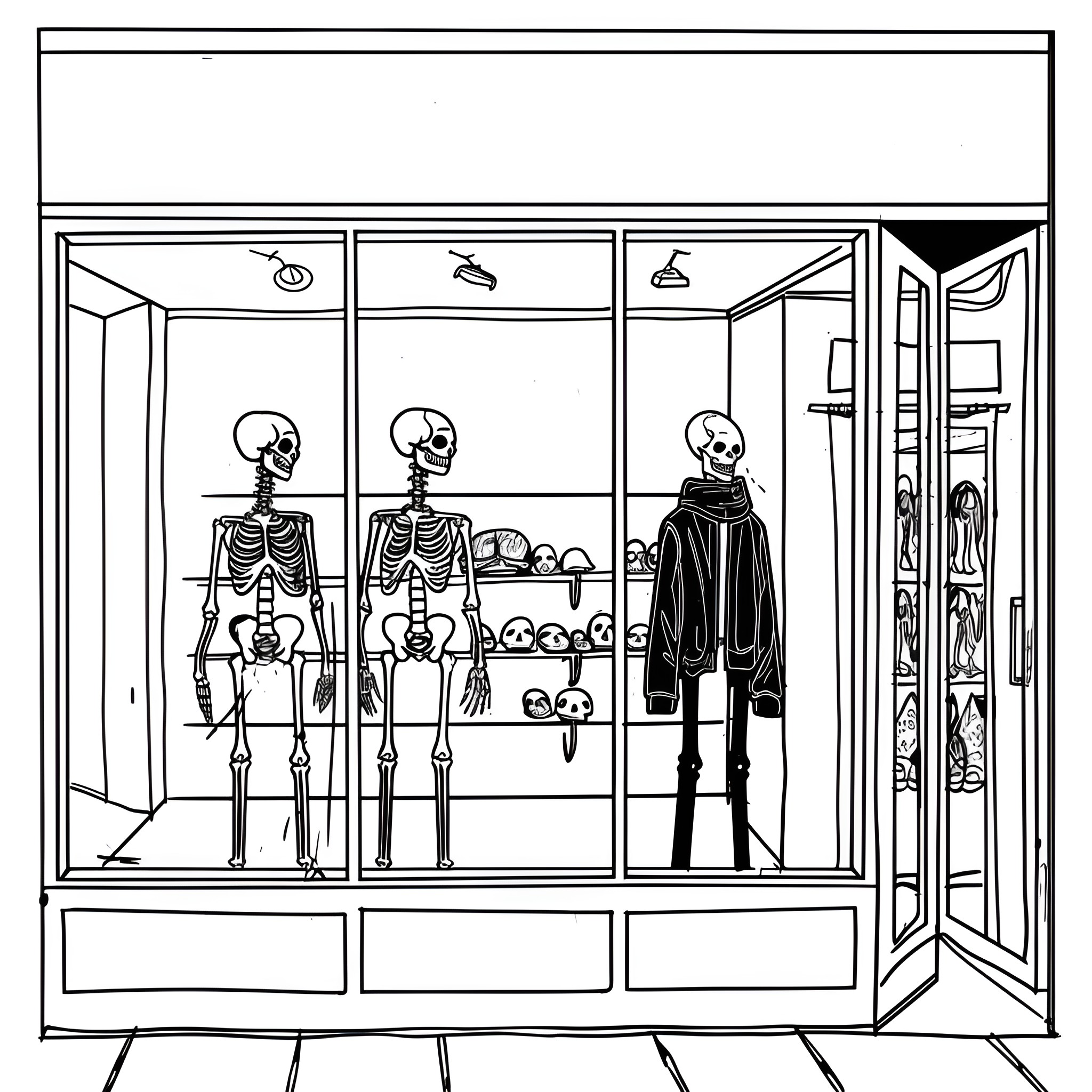 Creepy Skeleton Figures in Display Window Drawing Idea (free black-and-white line drawing printable PDF for all, from beginners to advanced learners, including children, teens, adults, and seniors)